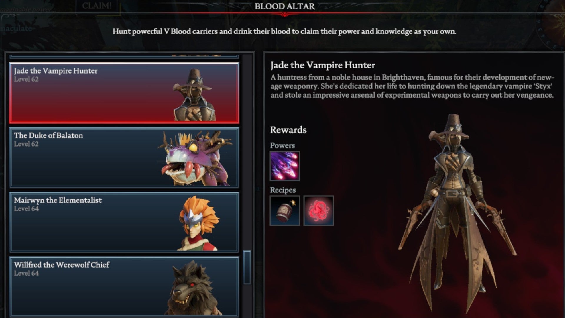 V Rising Jade the Vampire Hunter Blood Altar tracking page, showing an image of the hunter on the right and a list of bosses on the left