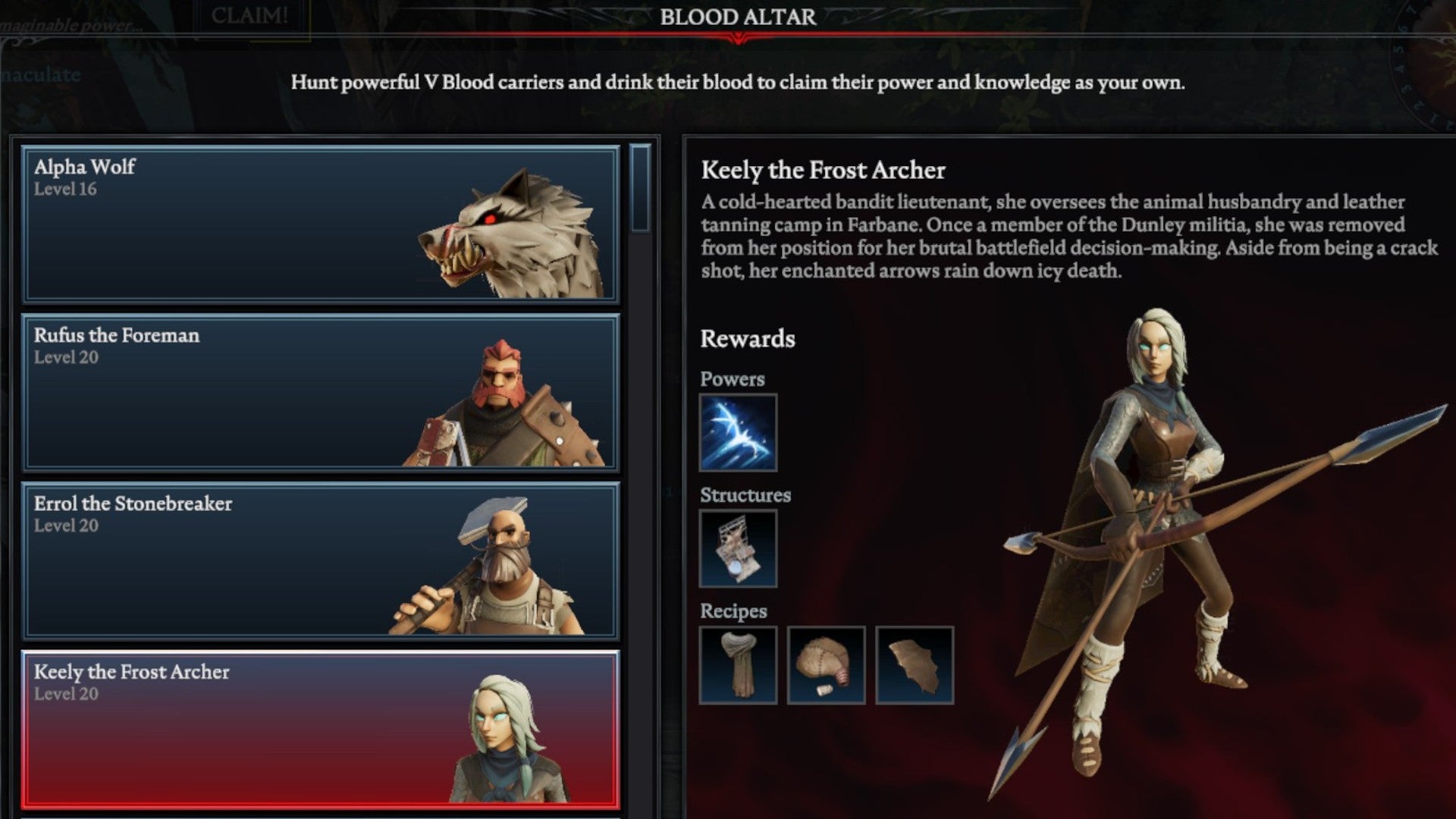 V Rising Keely the Frost Archer Blood Altar tracking page, showing an image of the frost archer on the right and a list of bosses on the left