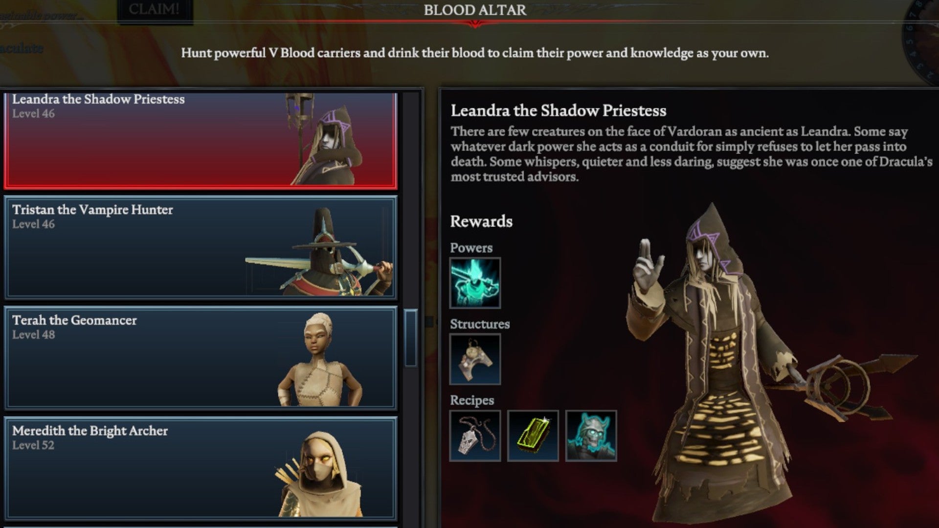 V Rising Leandra the Shadow Priestess Blood Altar tracking page, showing an image of the cloaked mage on the right and a list of bosses on the left