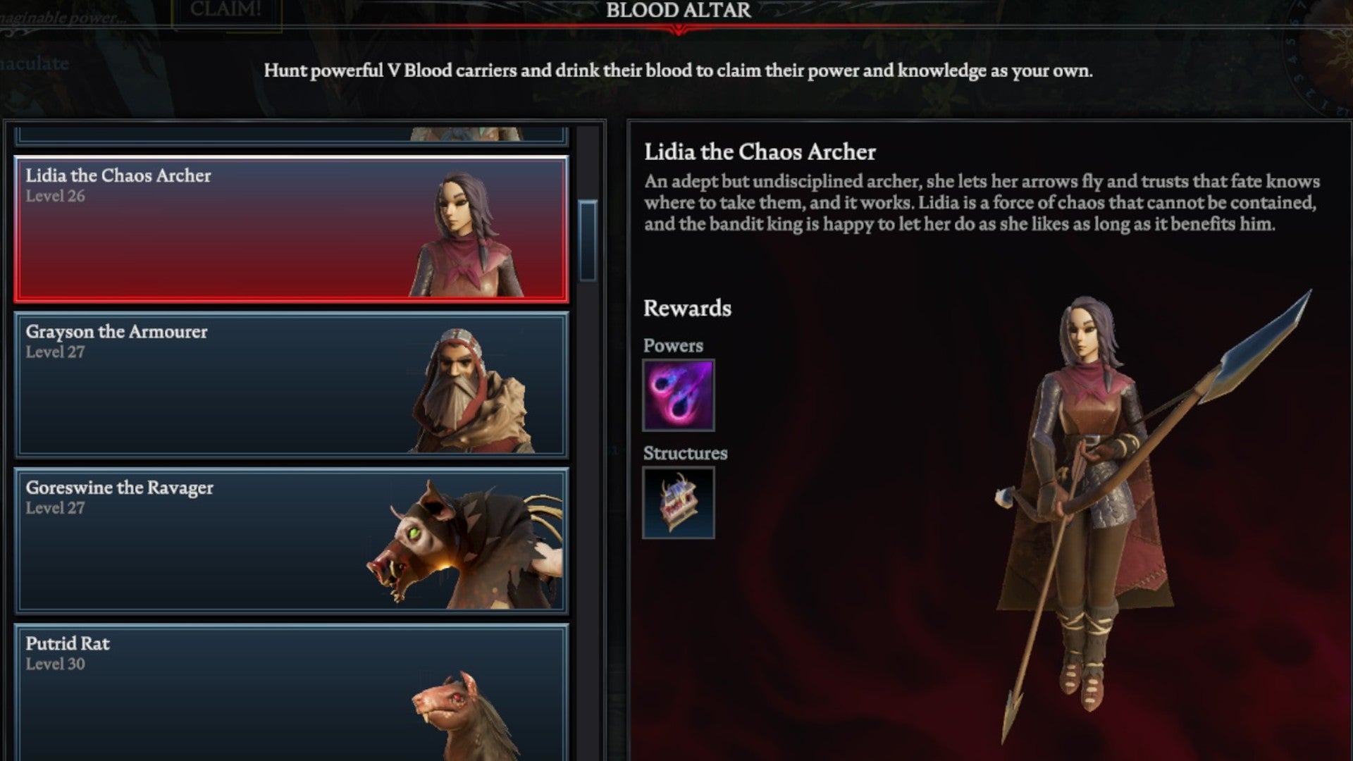 V Rising Lidia the Chaos Archer Blood Altar tracking page, showing an image of the chaos archer on the right and a list of bosses on the left