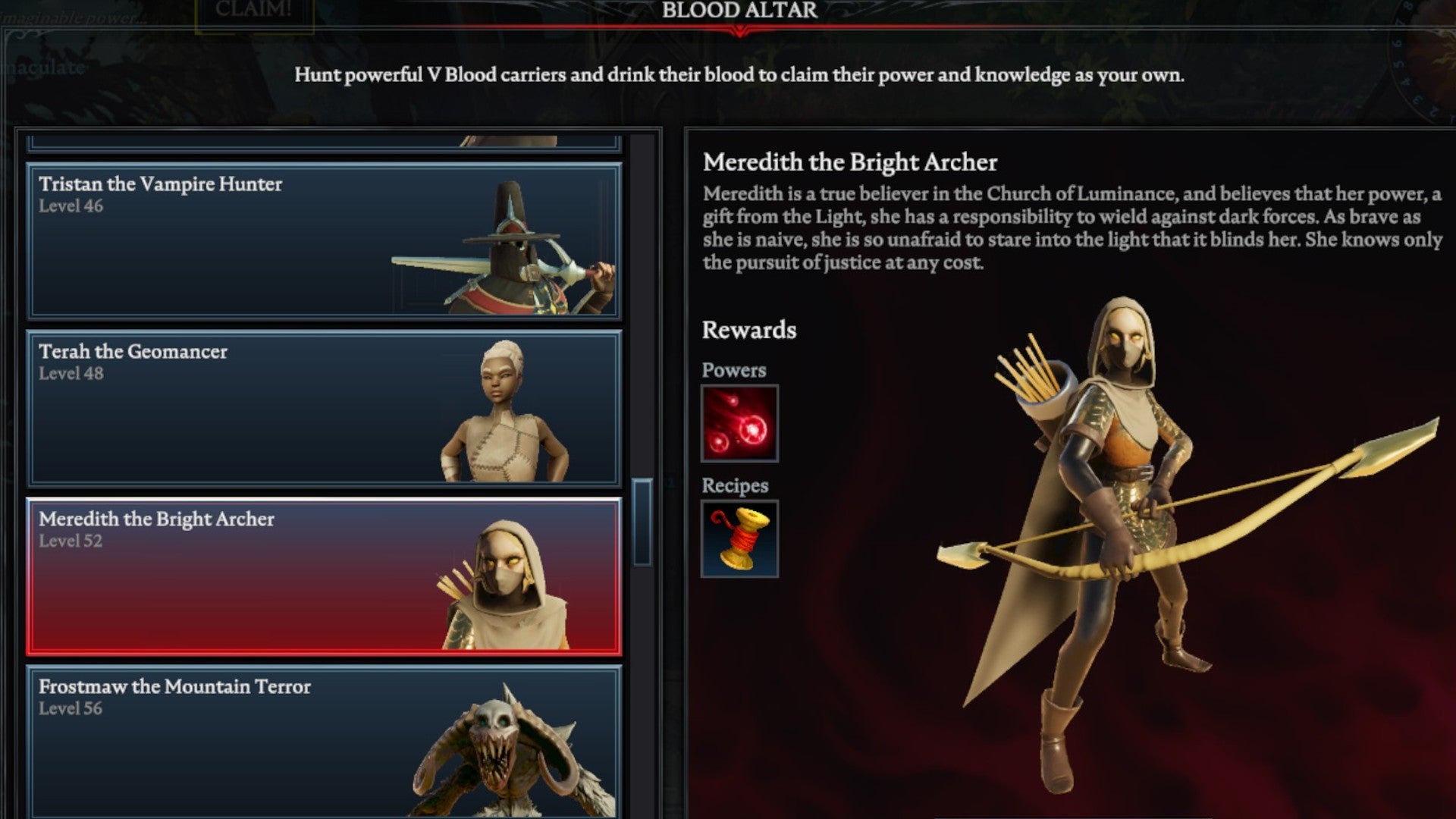 V Rising Meredith the Bright Archer Blood Altar tracking page, showing an image of the masked archer on the right and a list of bosses on the left