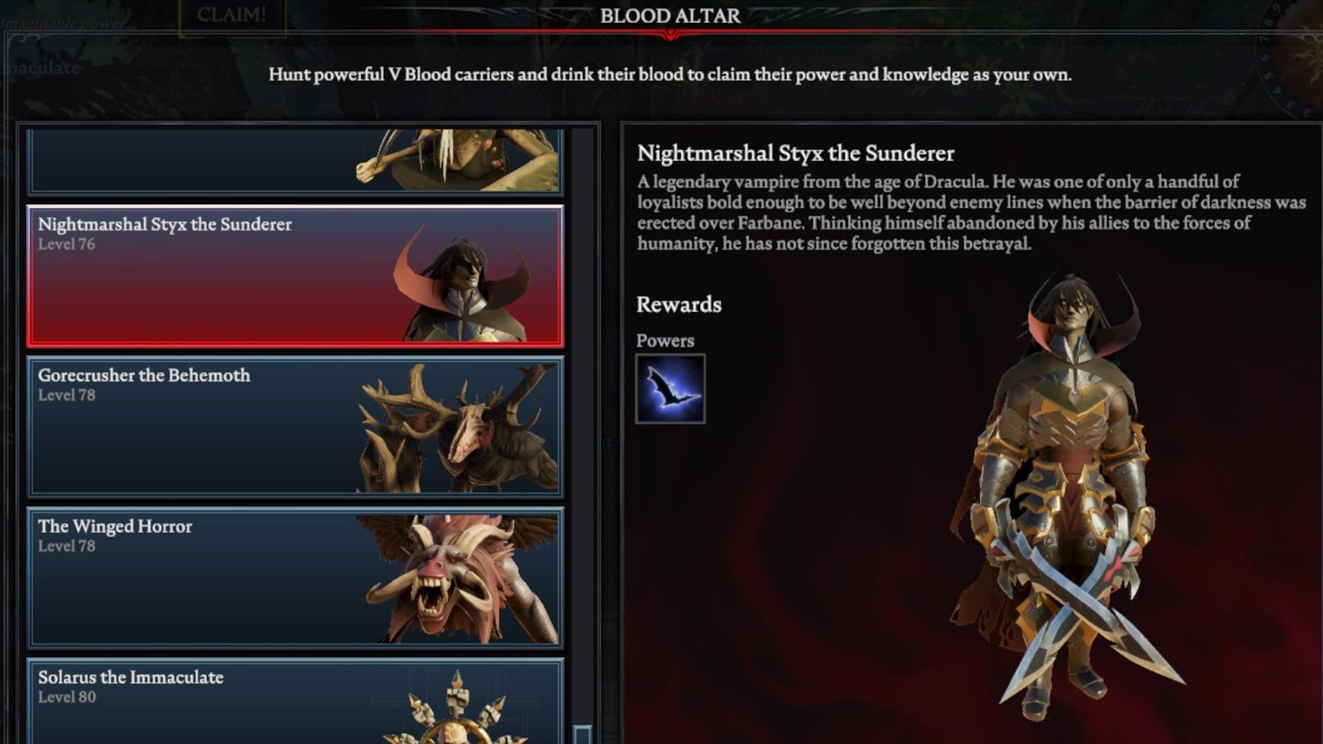 V Rising Nightmarshal Styx the Sunderer Blood Altar tracking page, showing an image of the vampire on the right and a list of bosses on the left
