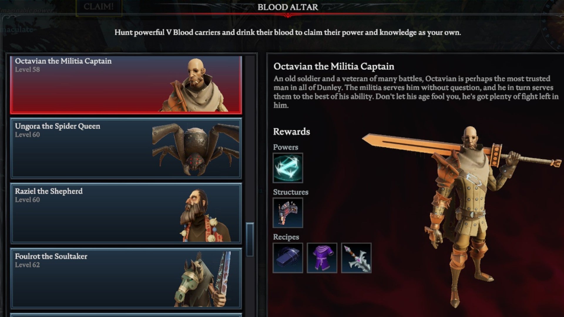 V Rising Octavian the Militia Captain Blood Altar tracking page, showing an image of the soldier on the right and a list of bosses on the left