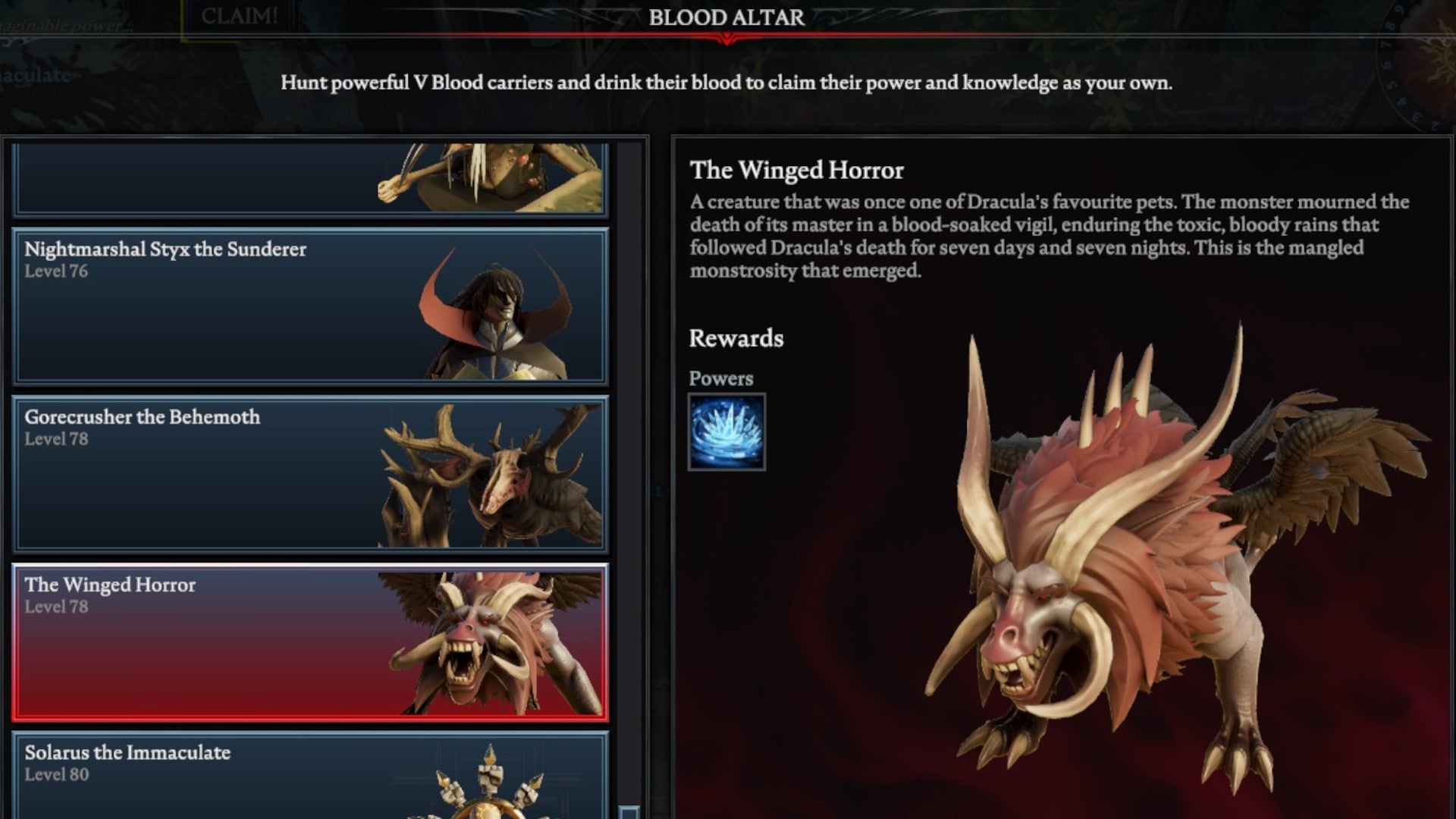 V Rising Winged Horror Blood Altar tracking page, showing an image of the manticore on the right and a list of bosses on the left