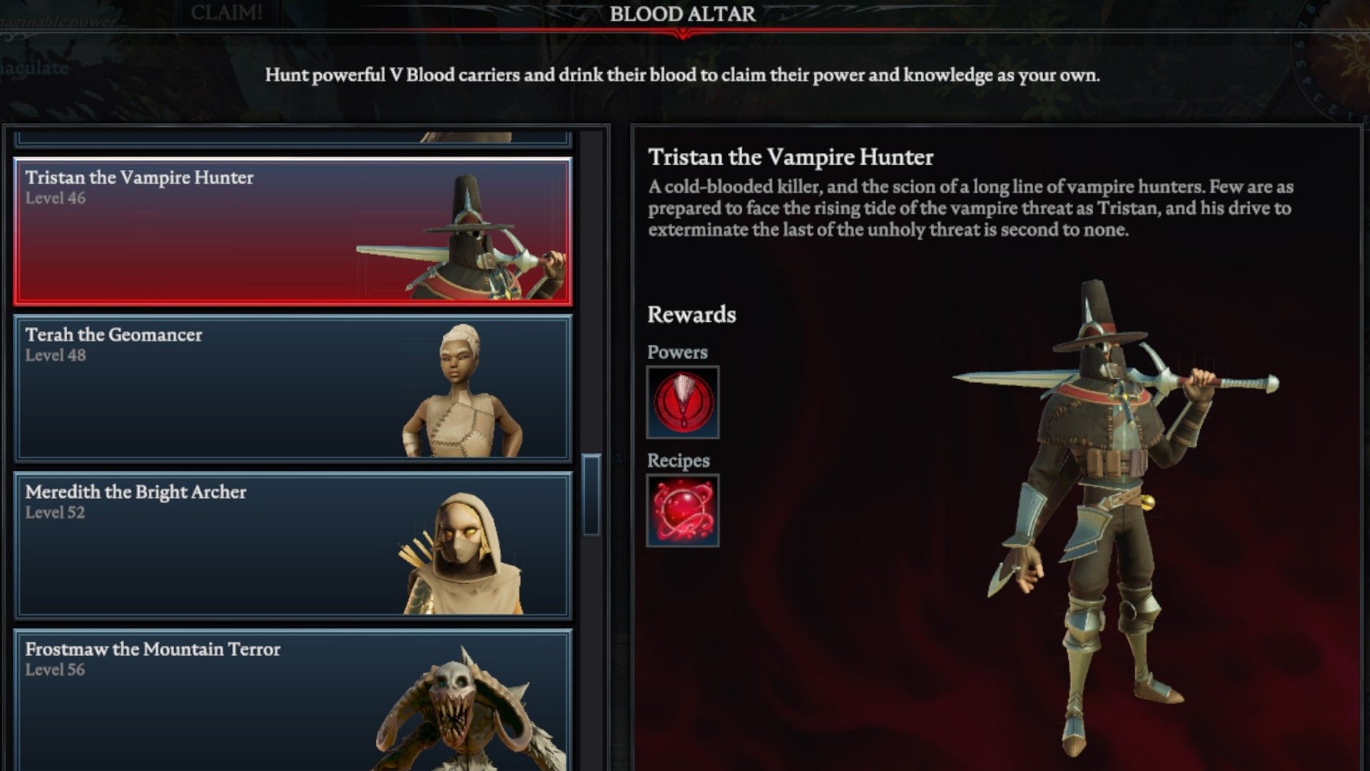 V Rising Tristan the Vampire Hunter Blood Altar tracking page, showing an image of the hunter on the right and a list of bosses on the left