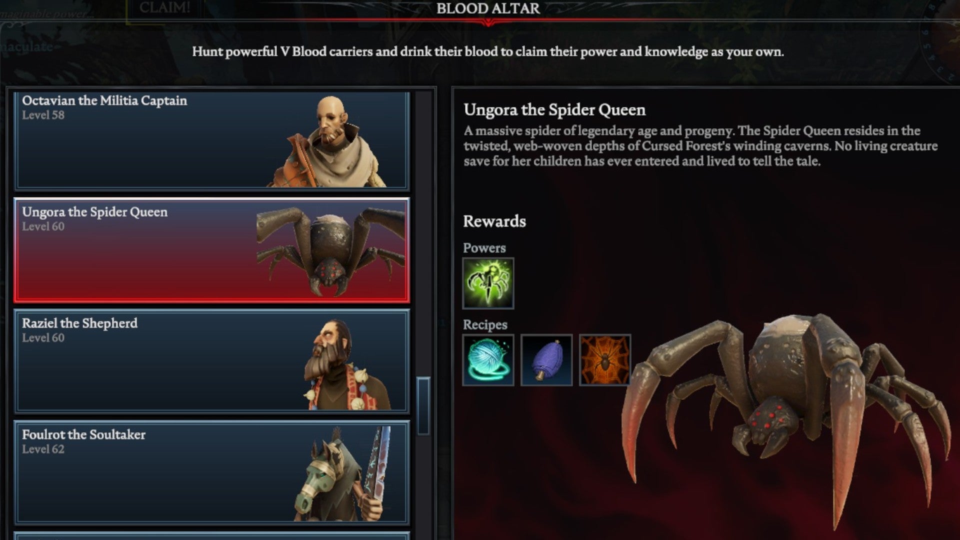 V Rising Ungora the Spider Queen Blood Altar tracking page, showing an image of the spider queen on the right and a list of bosses on the left