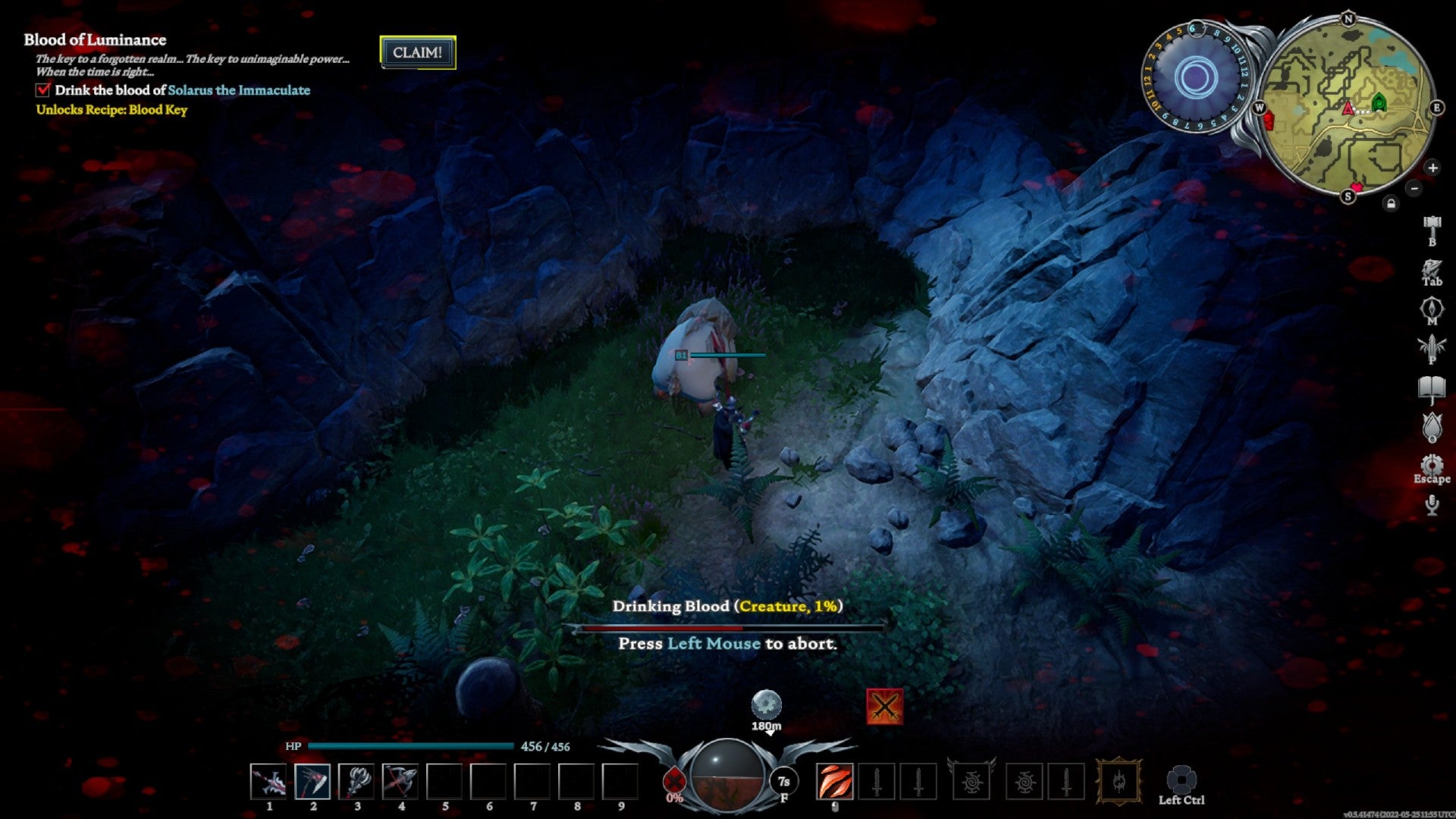 V Rising player feeding on a bear with creature blood type and 1% blood quality in a dark forest.
