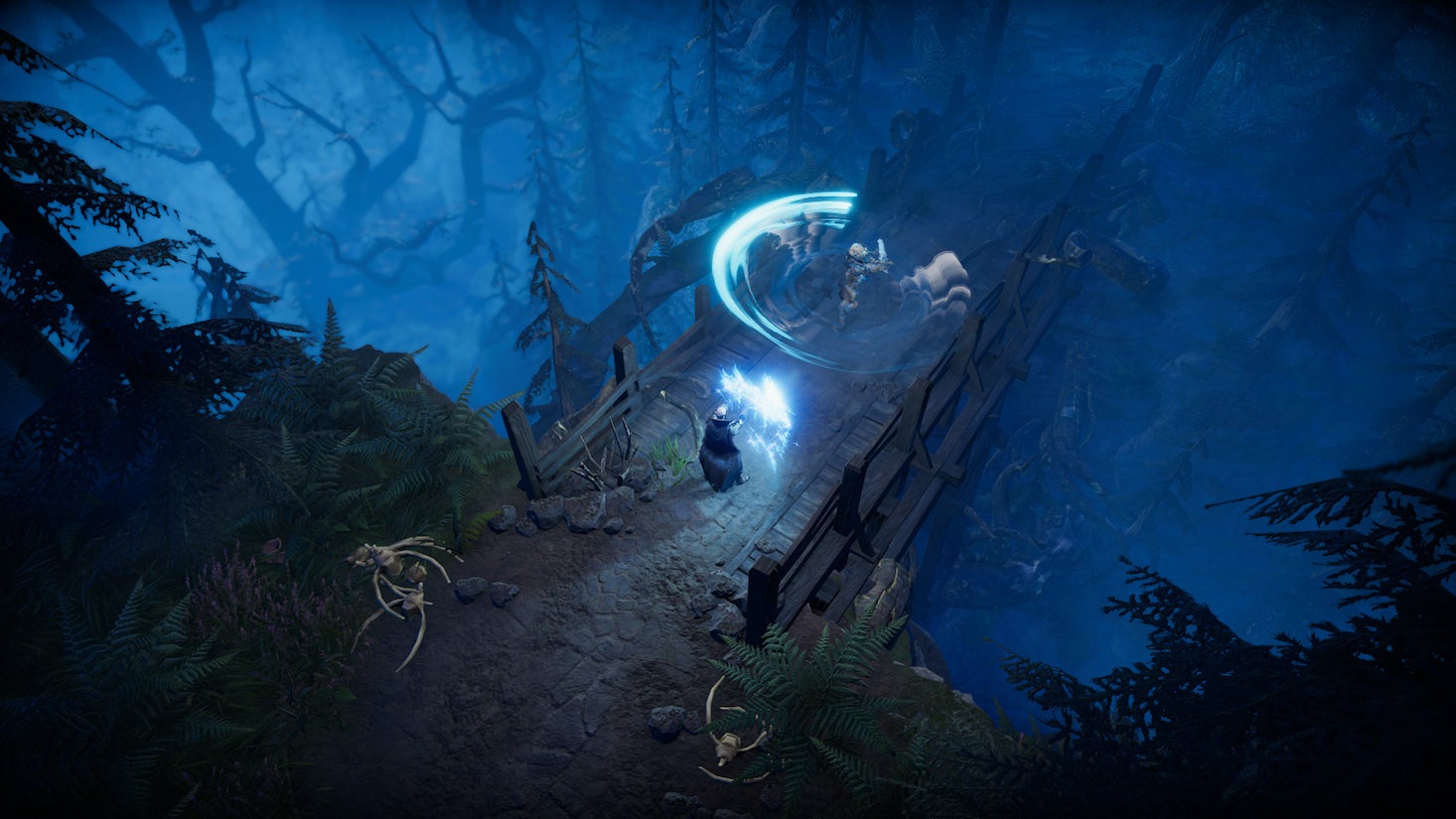 Screenshot from V Rising showing a vampire casting a blue spell on a bridge