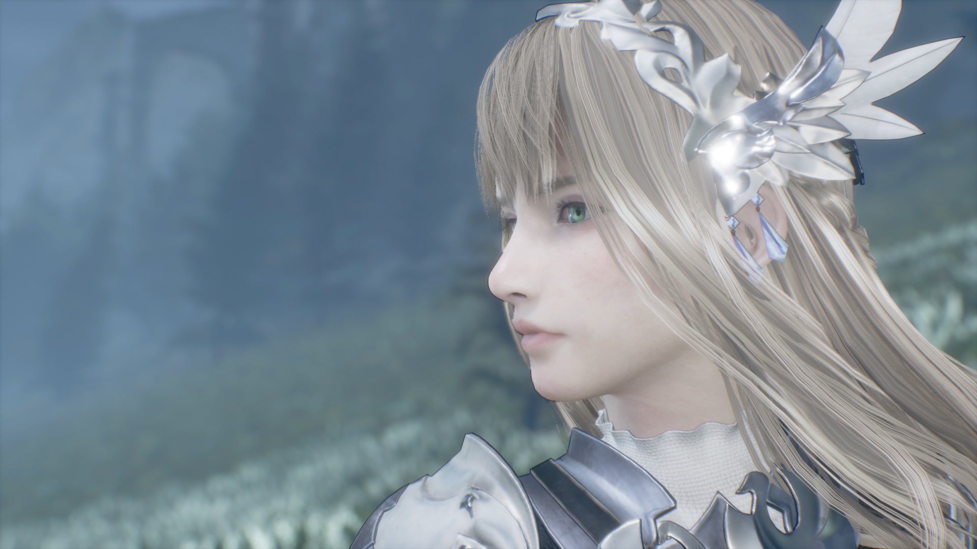 A blonde valkyrie looks side on in a field of flowers in Valkyrie Elysium