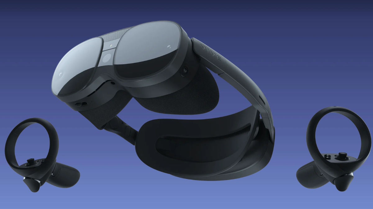 The Vive XR Elite VR headset and its controllers.