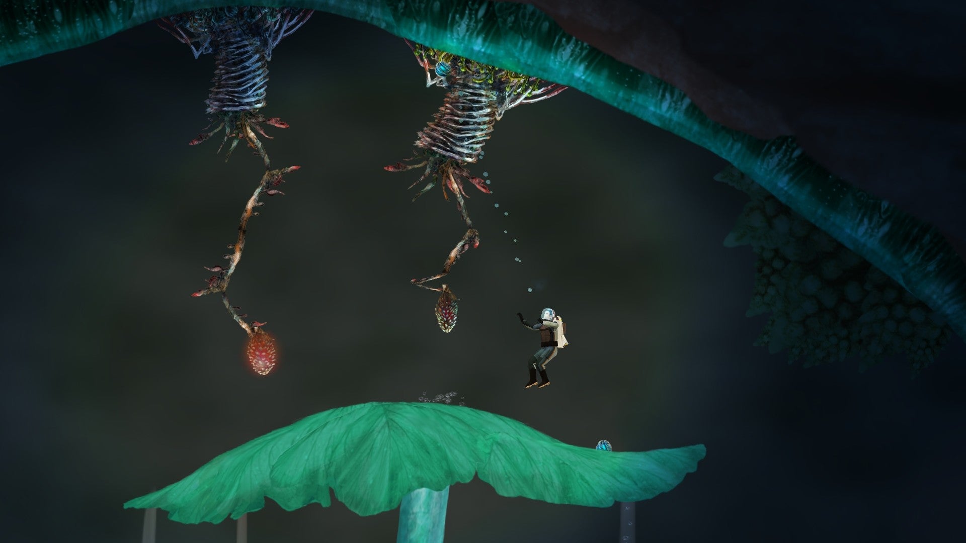 Action gardening in Waking Mars: the player, in a side on platformer, jumps on a giant green leaf and wrangles two spikey, dangerous looking venus flytrap-esque plants hanging from the ceiling
