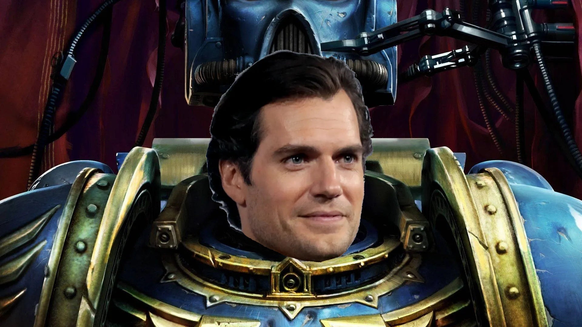 Art of a Warhammer 40K Space Marine putting on their helmet but with Henry Cavill's face