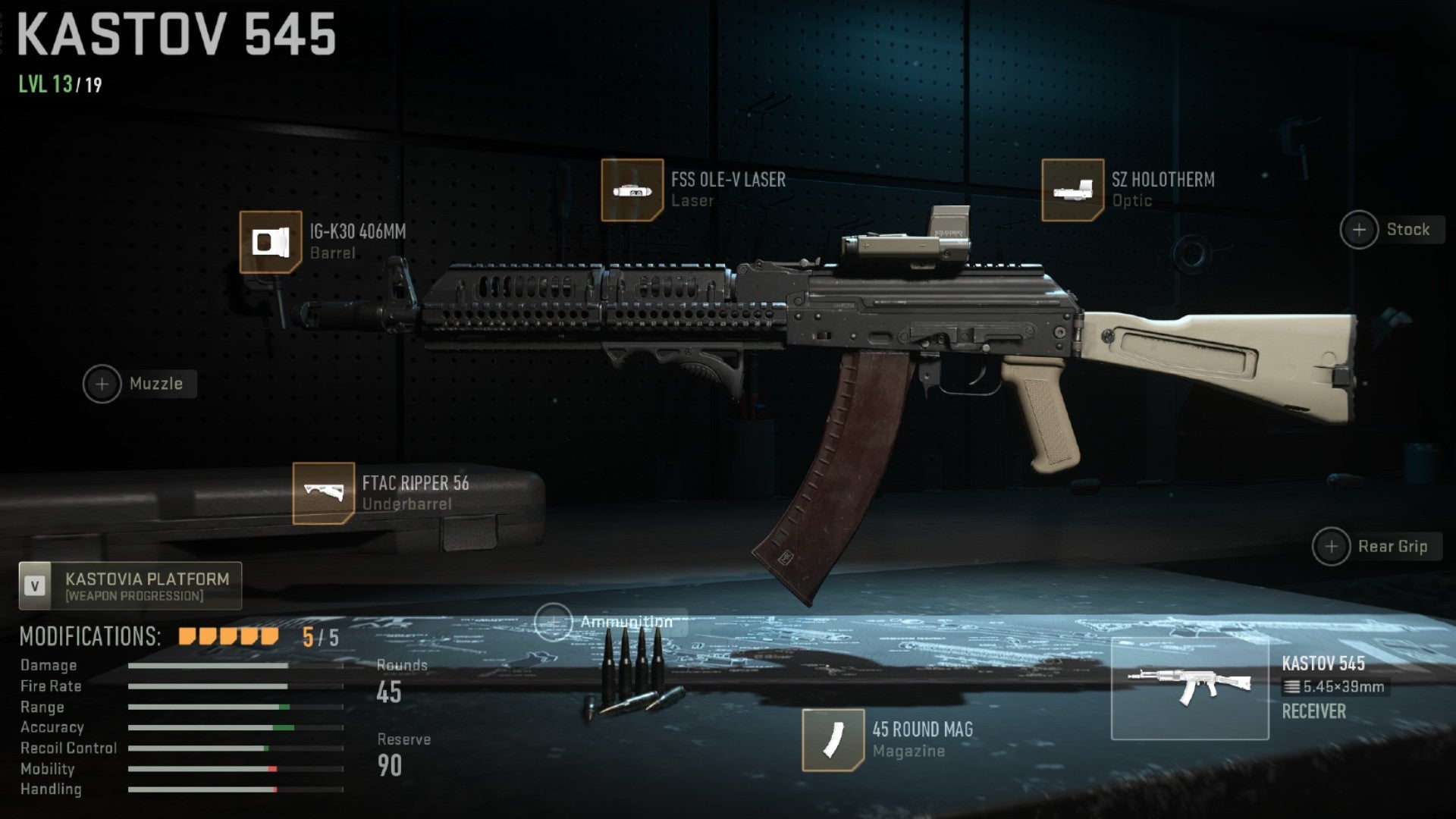 Warzone 2 screenshot showing the Kastov 545 with the IG-K30 406mm, FTAC Ripper 56, FSS OLE-V Laser, 45 Round Mag, and SZ Holotherm attached.