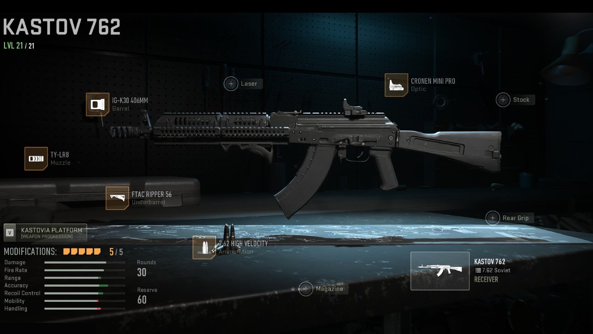 Warzone 2 screenshot showing the Kastov 762 with the TY-LR8, IG-K30 406mm, FTAC Ripper 56, 7.62 High Velocity Ammo, and Cronen Mini Pro equipped.