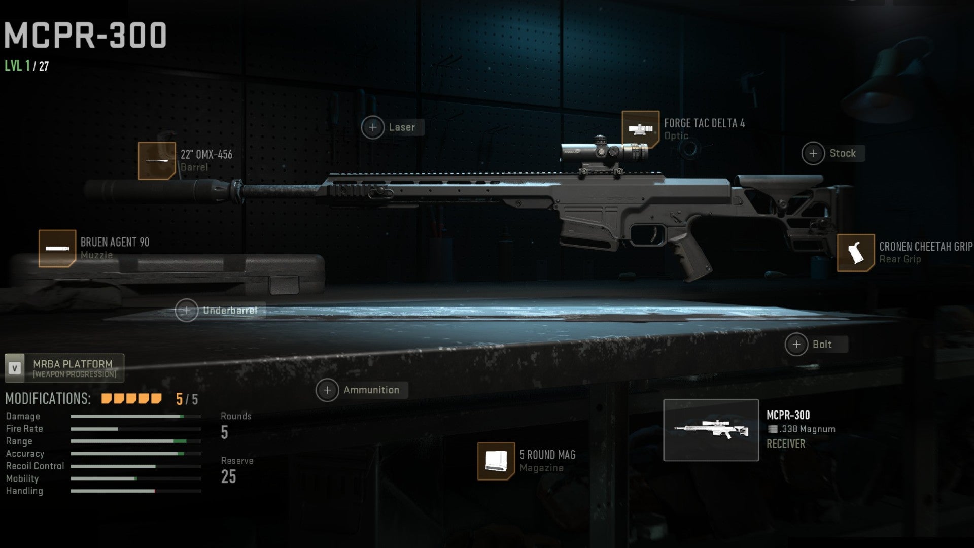 Warzone 2 screenshot showing the MCPR-300 with the Bruen Agent 90, 22" OMX-456, Forge Tac Delta 4, 5 Round Mag, and Cronen Cheetah Grip attached.