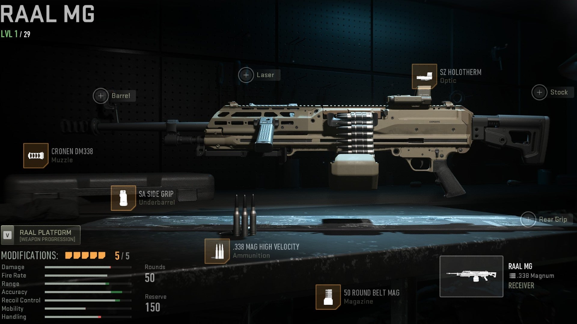 Warzone 2 screenshot showing the Raal MG with the Cronen DM338, SA Side Grip, .338 Mag High Velocity, 50 Round Belt Mag, and SZ Holotherm attached.
