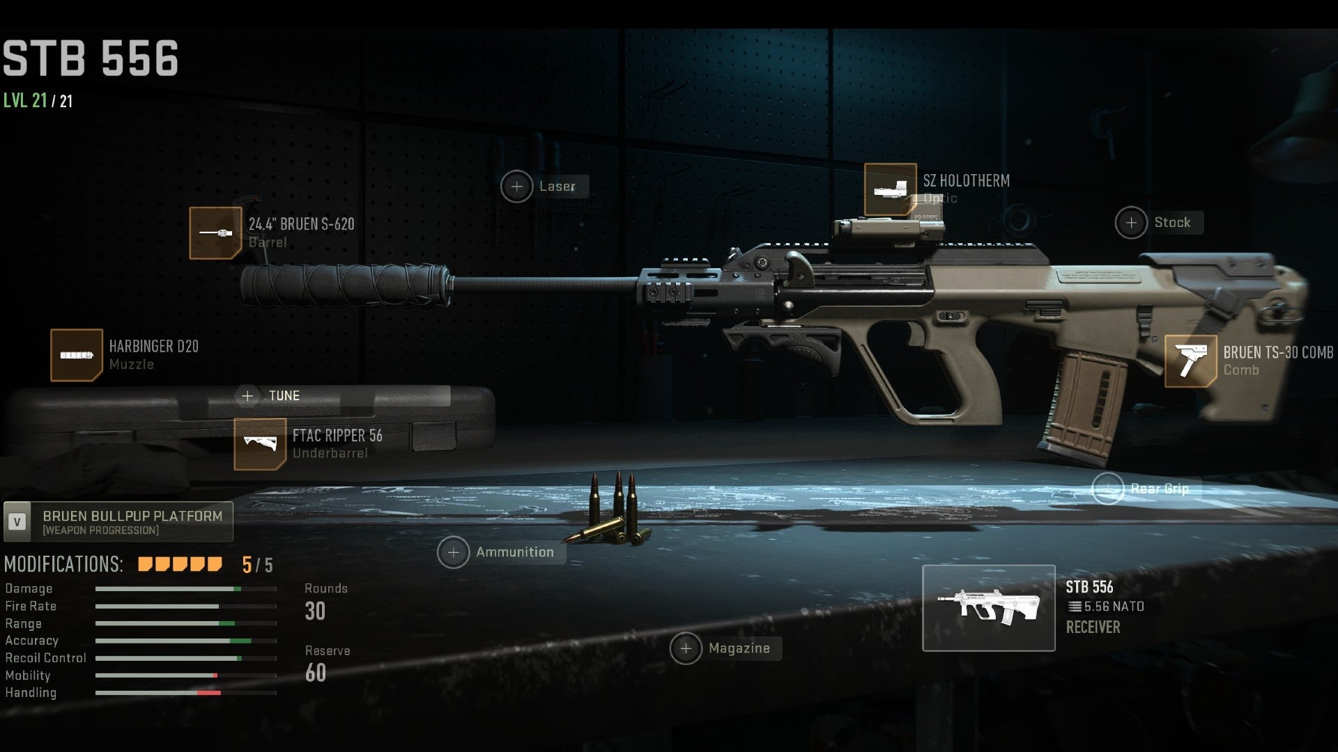 Warzone 2 screenshot showing the STB 556 with the Harbinger D20, 24.4" Bruen S-620, FTAC Ripper 56, SZ Holotherm, and Bruen TS-30 Comb attached.