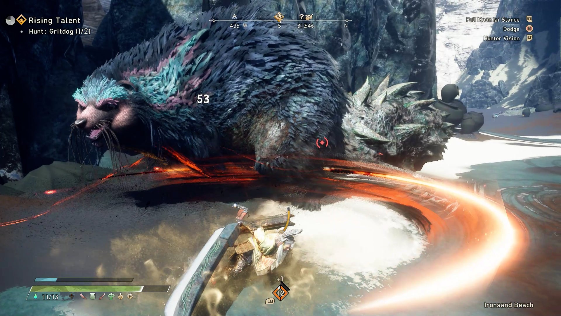 A huge dog-like creature is attacked by a hunter with a large sword.