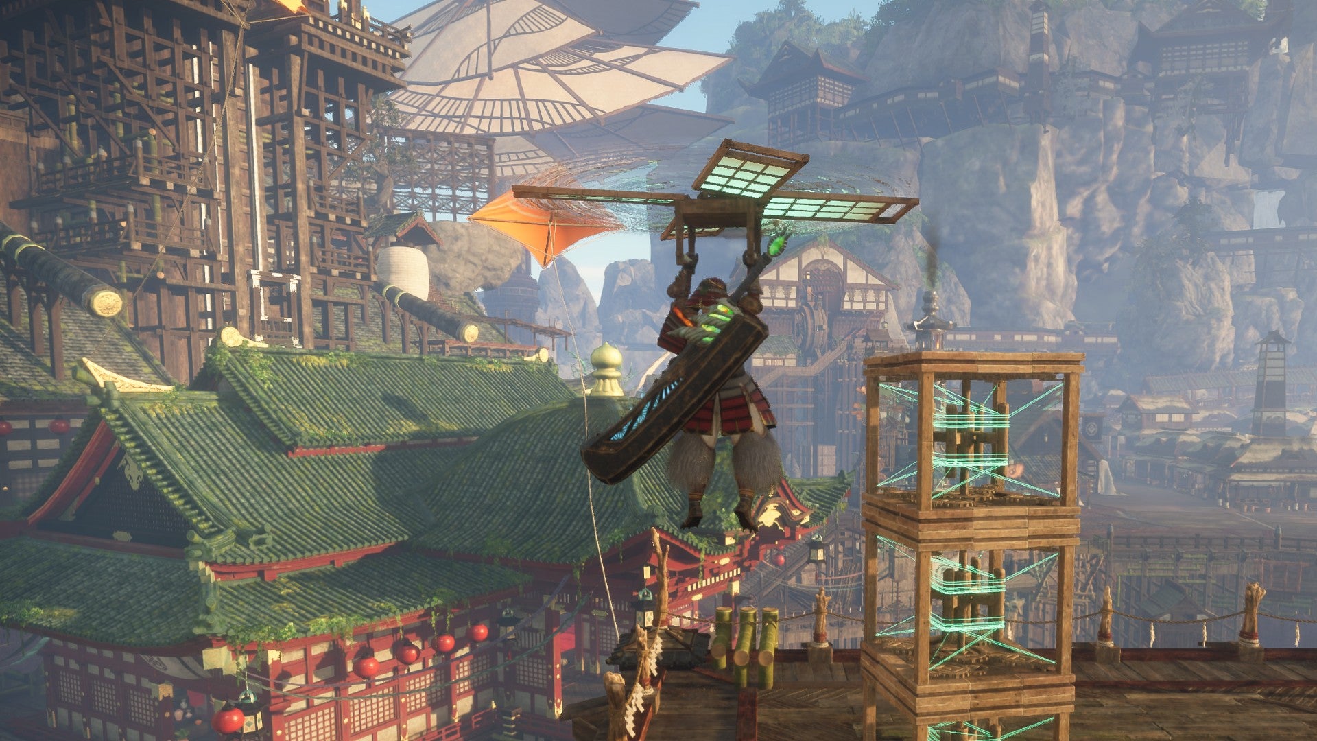 Wild Hearts image showing a player gliding down towards a stack of three crates.