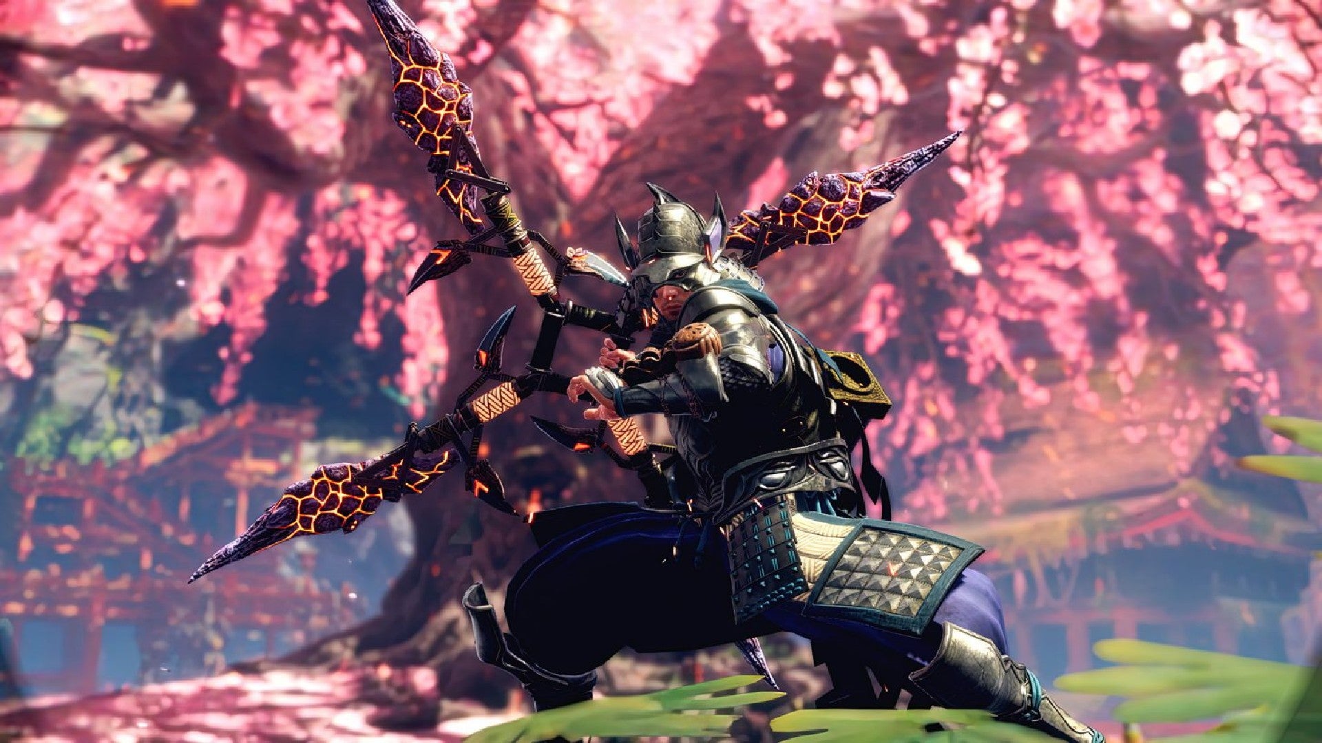 Wild Hearts image showing a player wearing samurai armor and holding a large bow, with a flowering tree in the background.