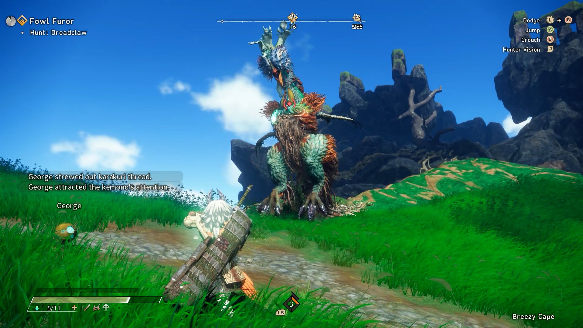A large chicken made of bits of wood and vines jumps in the air within a lush green field.