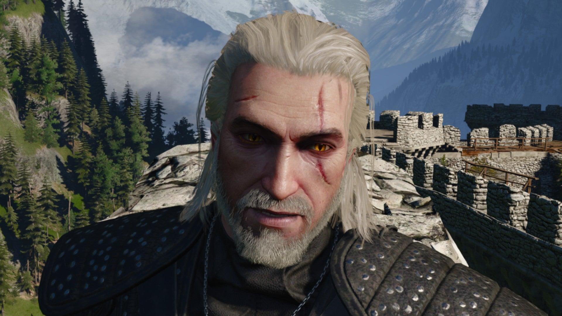 Captura de pantalla de Witcher 3 que muestra el corte de cabello predeterminado de Geralt desde el frente.