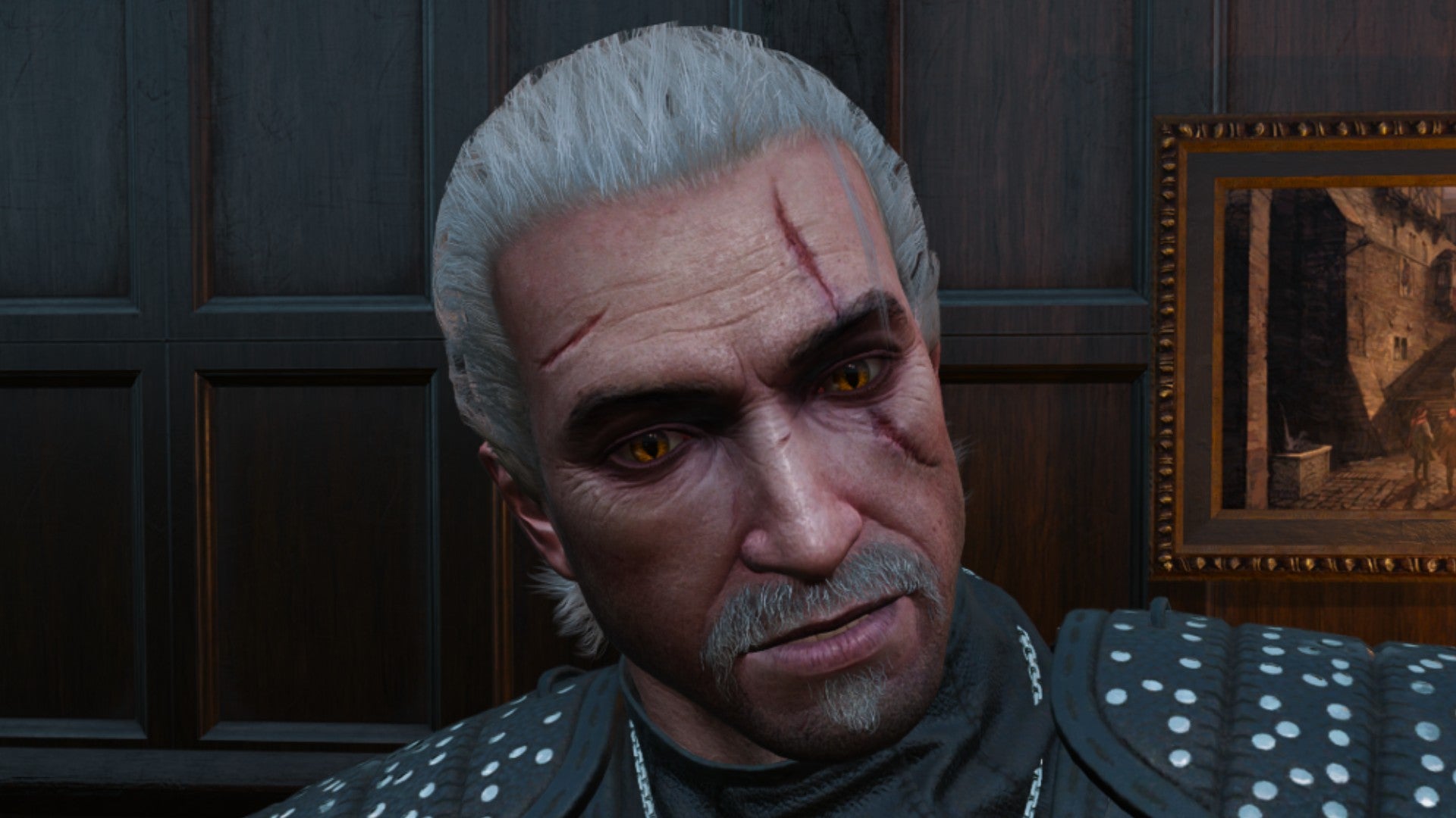 Captura de pantalla de Witcher 3 que muestra el corte de pelo rebelde élfico de Geralt desde el frente.