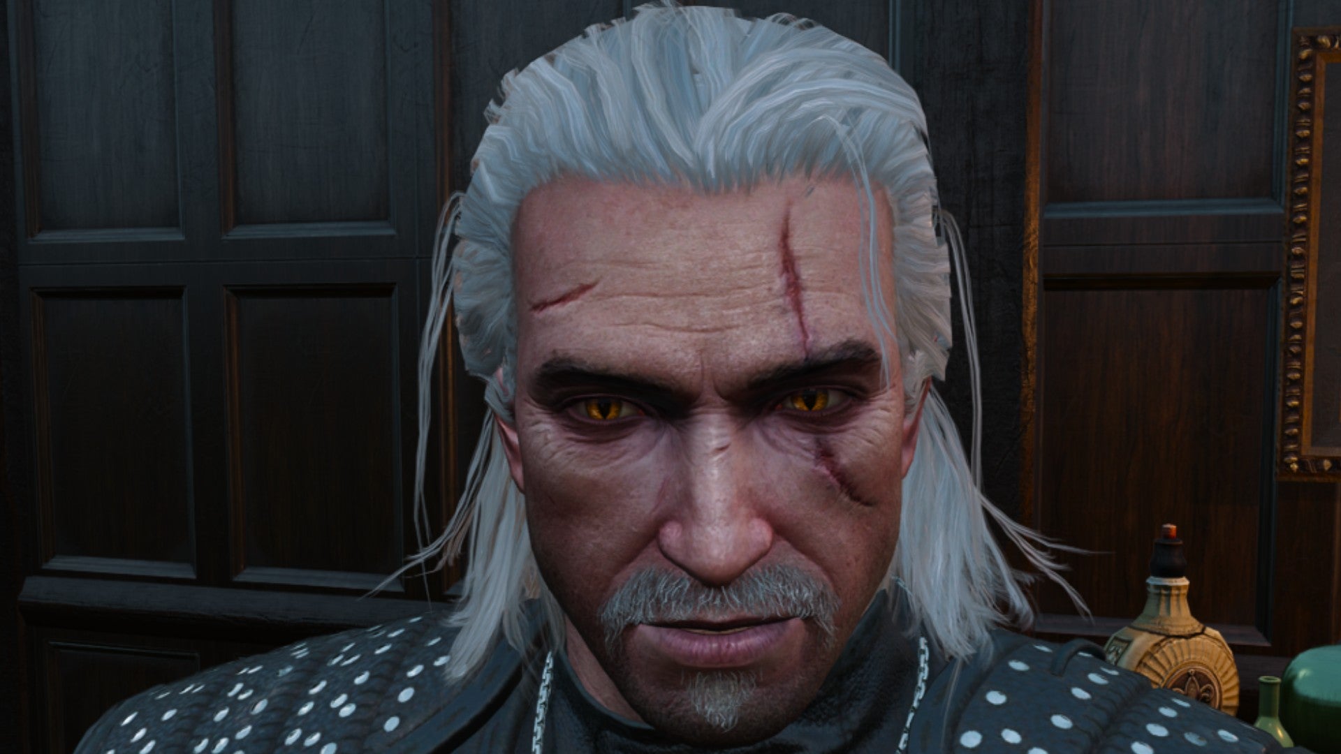 Imagen de Witcher 3 que muestra a Geralt con bigote y un parche en el alma.