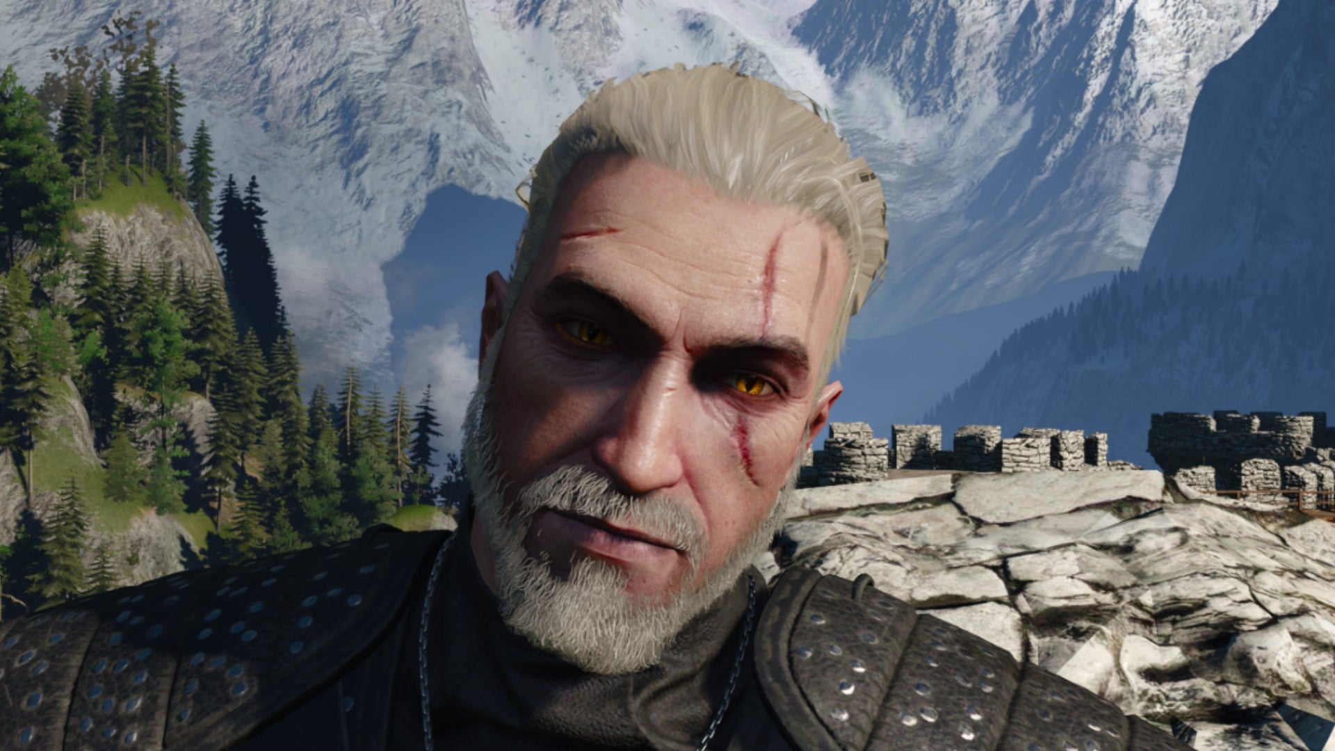 Witcher 3 screenshot showing Geralt's shaved with ponytail haircut from the front.
