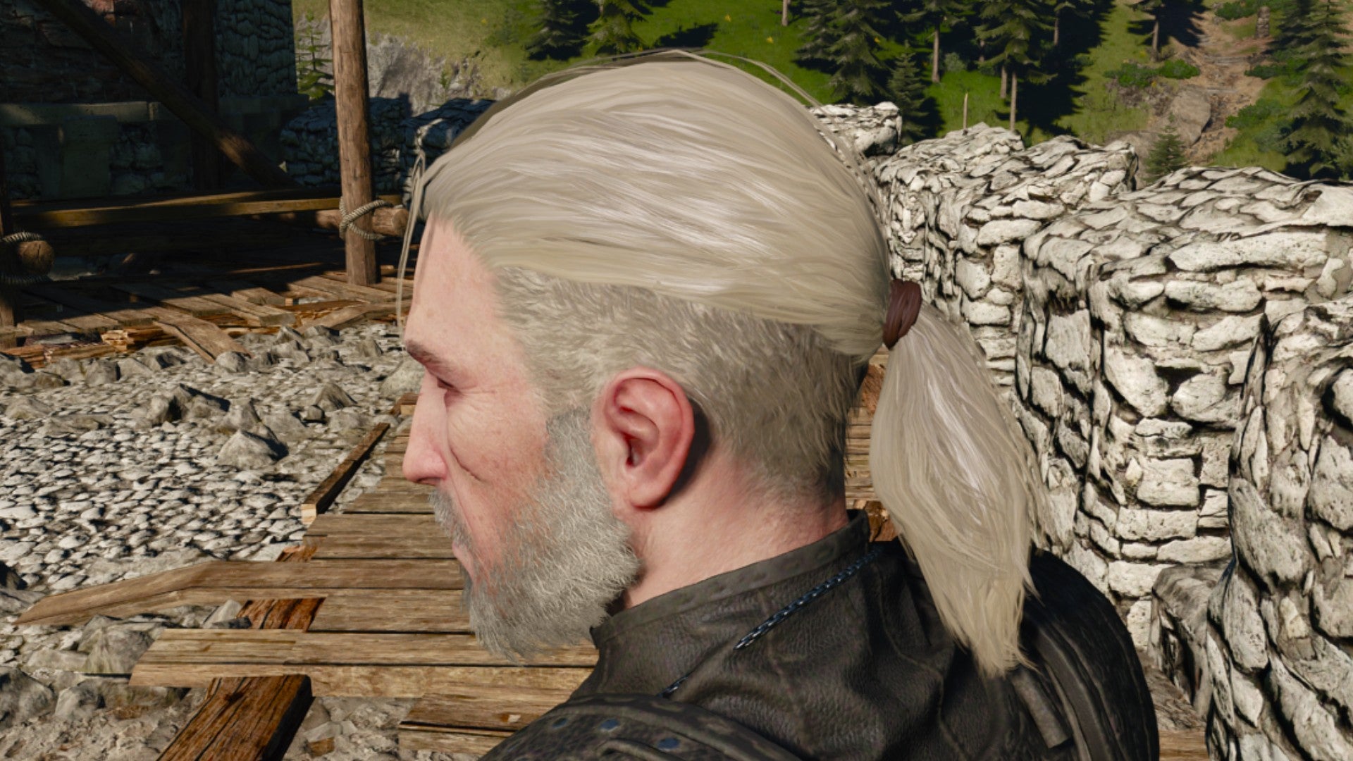 Captura de pantalla de Witcher 3 que muestra el corte de pelo afeitado con cola de caballo de Geralt desde un lado.