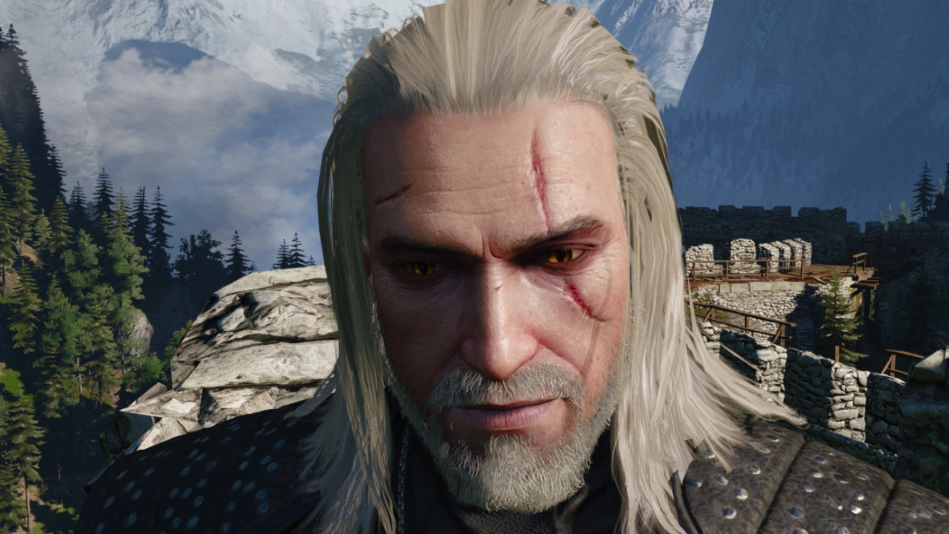 Captura de pantalla de Witcher 3 que muestra el corte de pelo largo y suelto de Geralt desde el frente.
