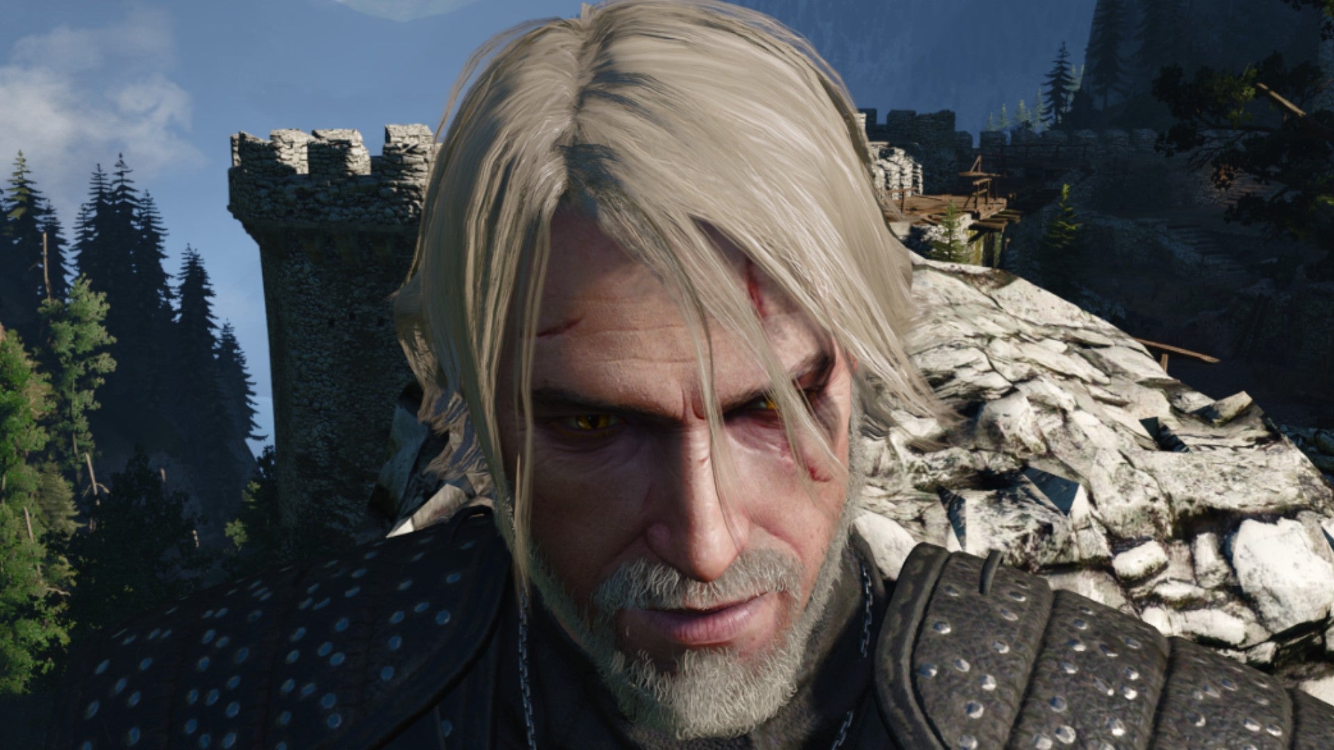 Captura de pantalla de Witcher 3 que muestra el peinado corto y suelto de Geralt desde el frente.