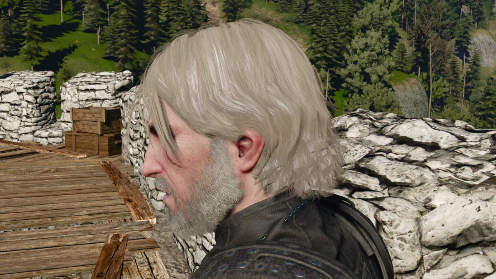 Captura de pantalla de Witcher 3 que muestra el peinado corto y suelto de Geralt desde un lado.
