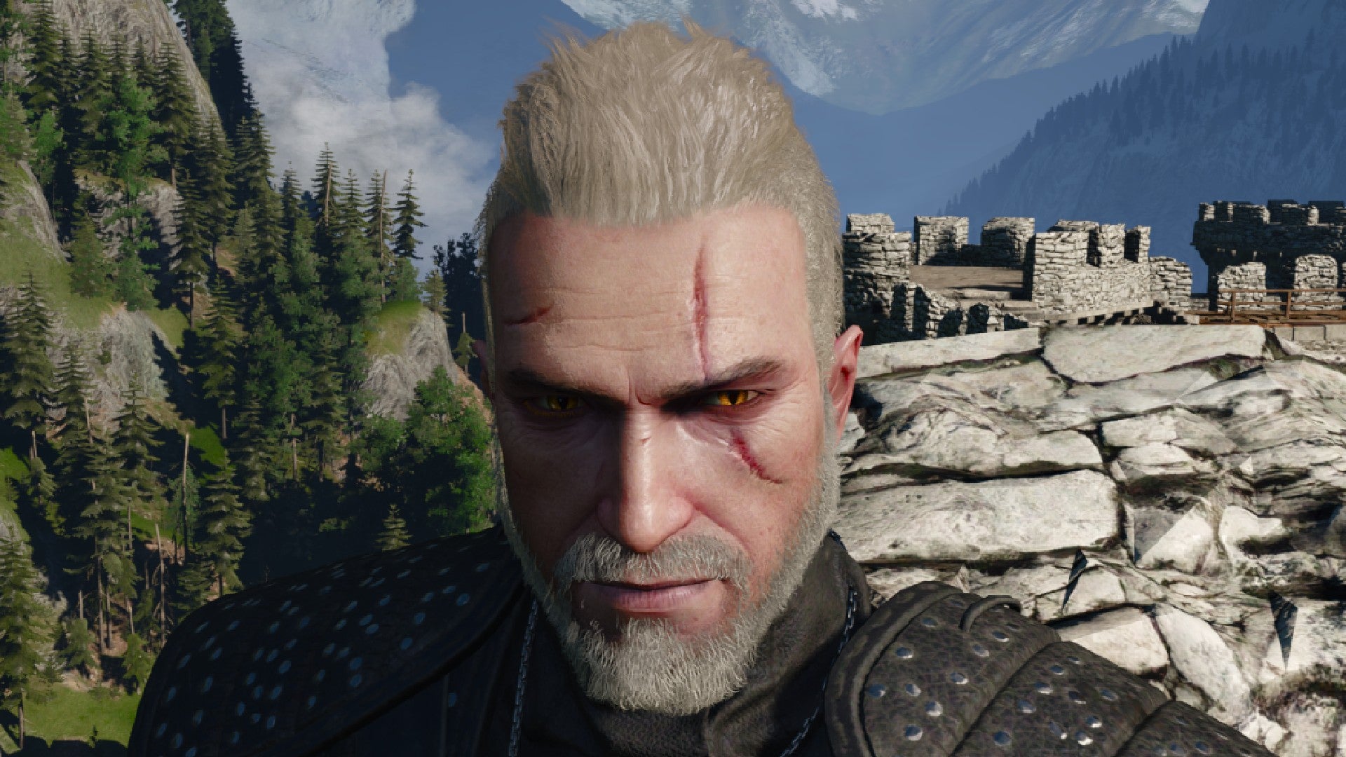 Captura de pantalla de Witcher 3 que muestra el corte de pelo mohawk y cola de caballo de Geralt desde el frente.