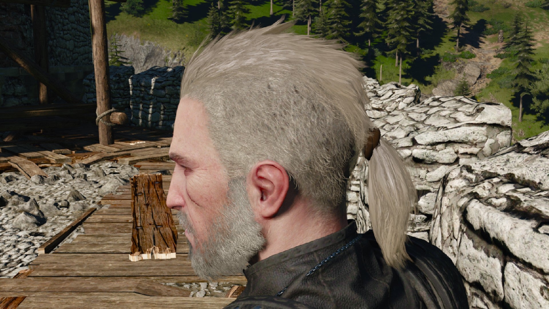 Captura de pantalla de Witcher 3 que muestra el corte de pelo mohawk y cola de caballo de Geralt desde un lado.