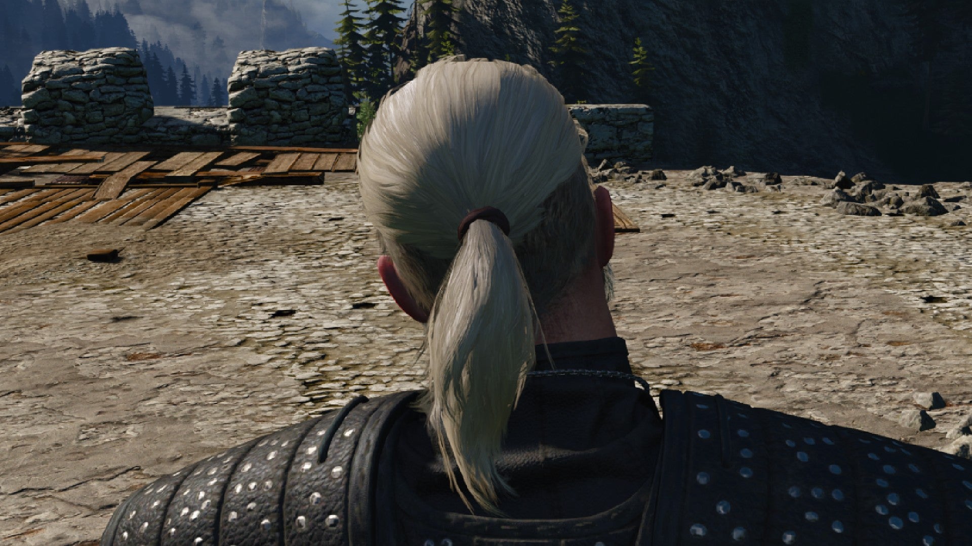 Captura de pantalla de Witcher 3 que muestra el corte de pelo afeitado con cola de caballo de Geralt desde la parte posterior.