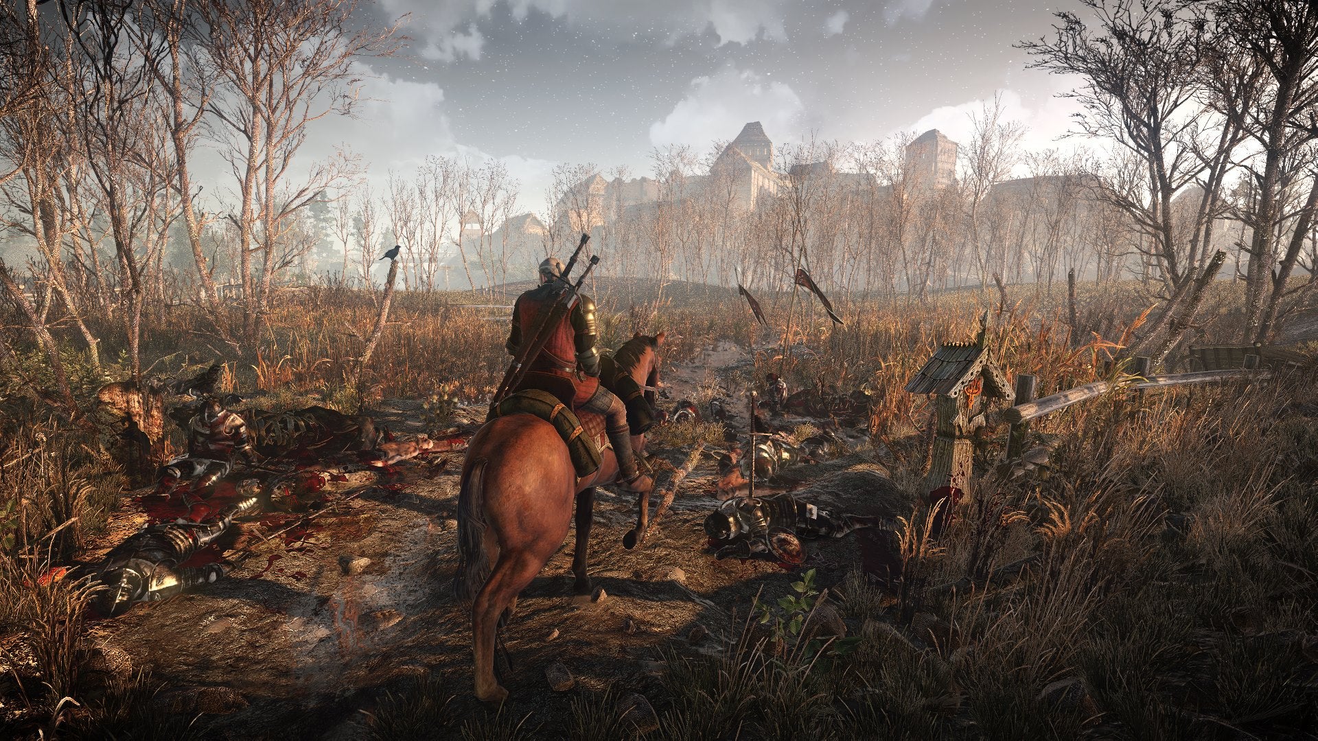 Geralt rides Roach through woods and corpses