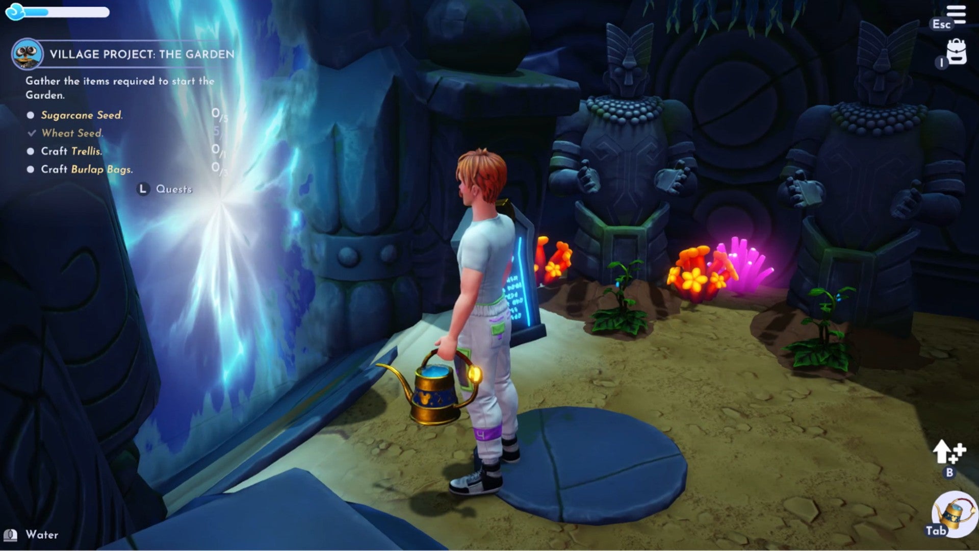 Disney Dreamlight Valley screenshot showing the player staring at a blue magical barrier in a dark cave. The floor is sandy, and there are crops growing in the background.