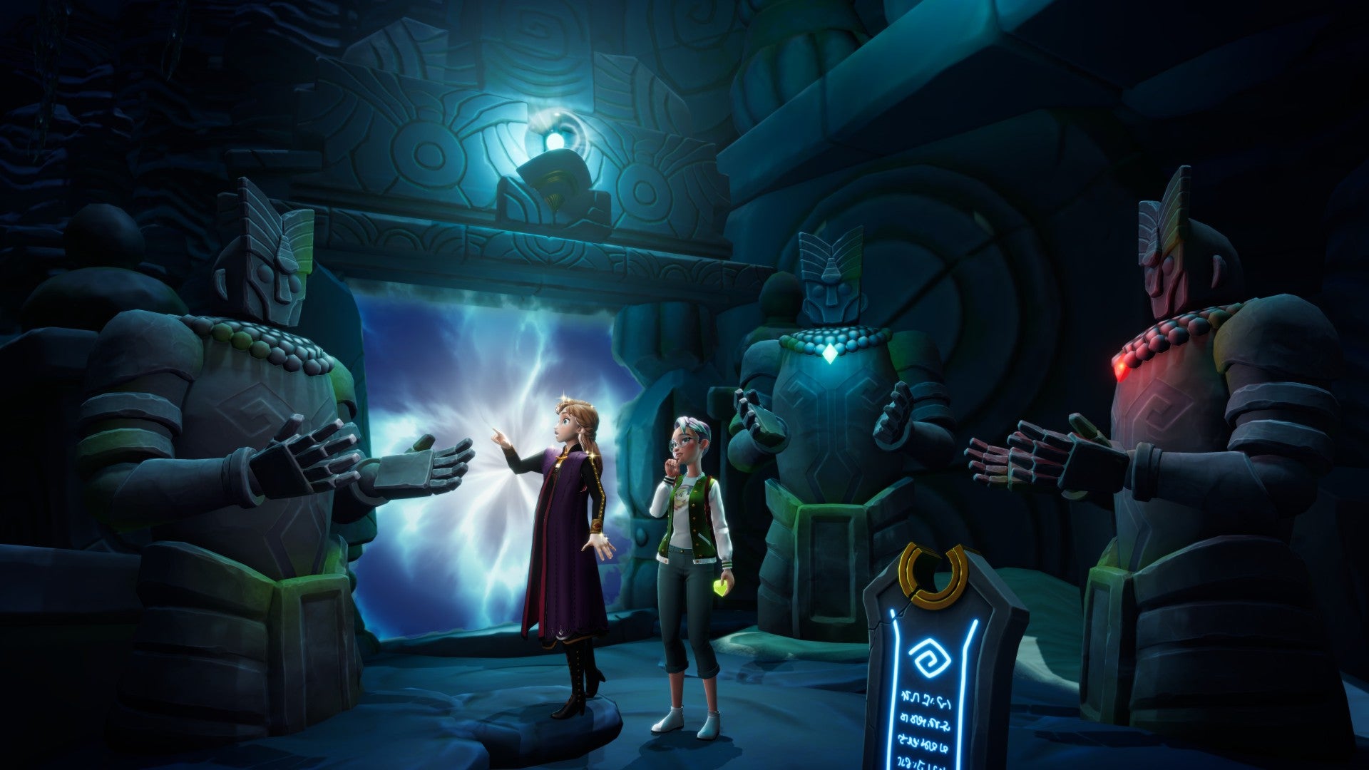 Disney Dreamlight Valley image showing a player with Anna examining a large stone statue in a cave.