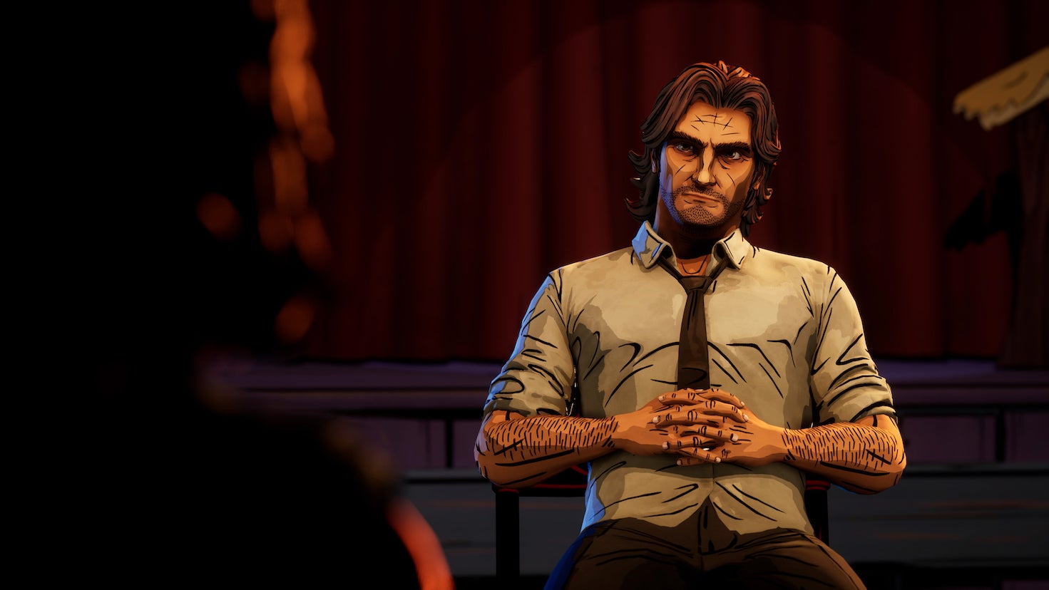 Bigby sits in a meeting with his hands on his lap in The Wolf Among Us 2
