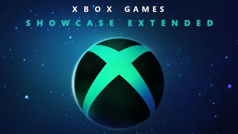Promotional artwork for the 2022 Xbox Games Showcase Extended event, with the Xbox logo suspended against a dark blue background.