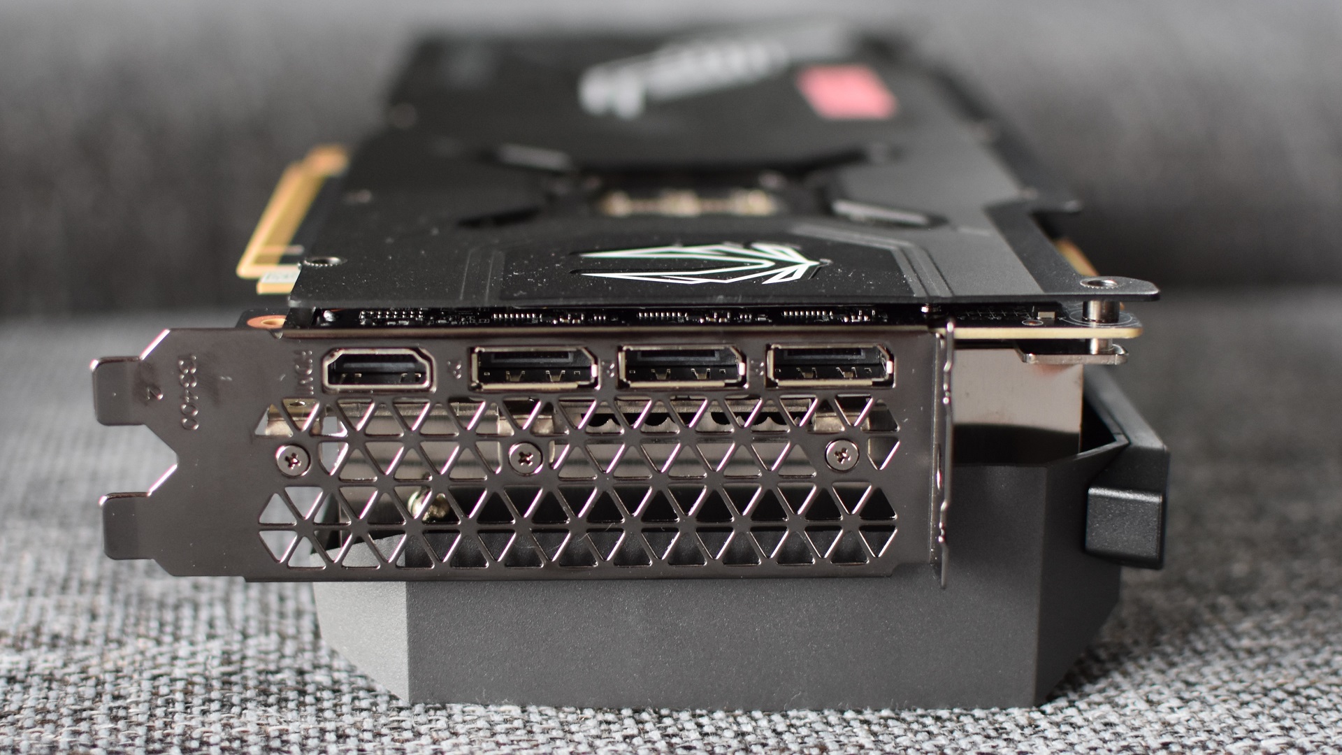 The rear ports on the Zotac GeForce RTX 3090 Ti AMP Extreme Holo graphics card.
