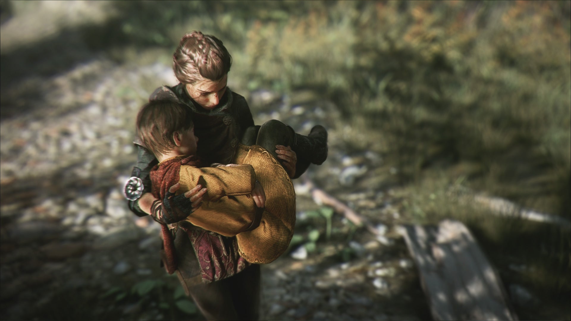 Amicia from A Plague Tale: Innocence carrying her little brother Hugo