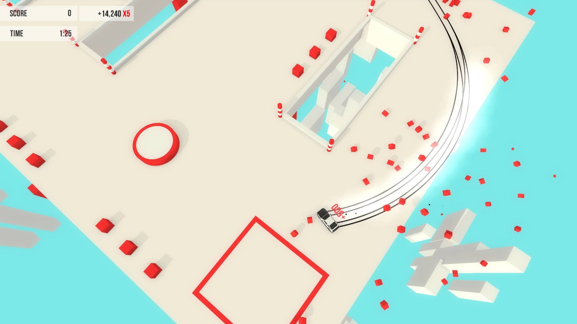 Absolute Drift - A car drifts around a hole in the floor of a pastel colored level with red obstacles.