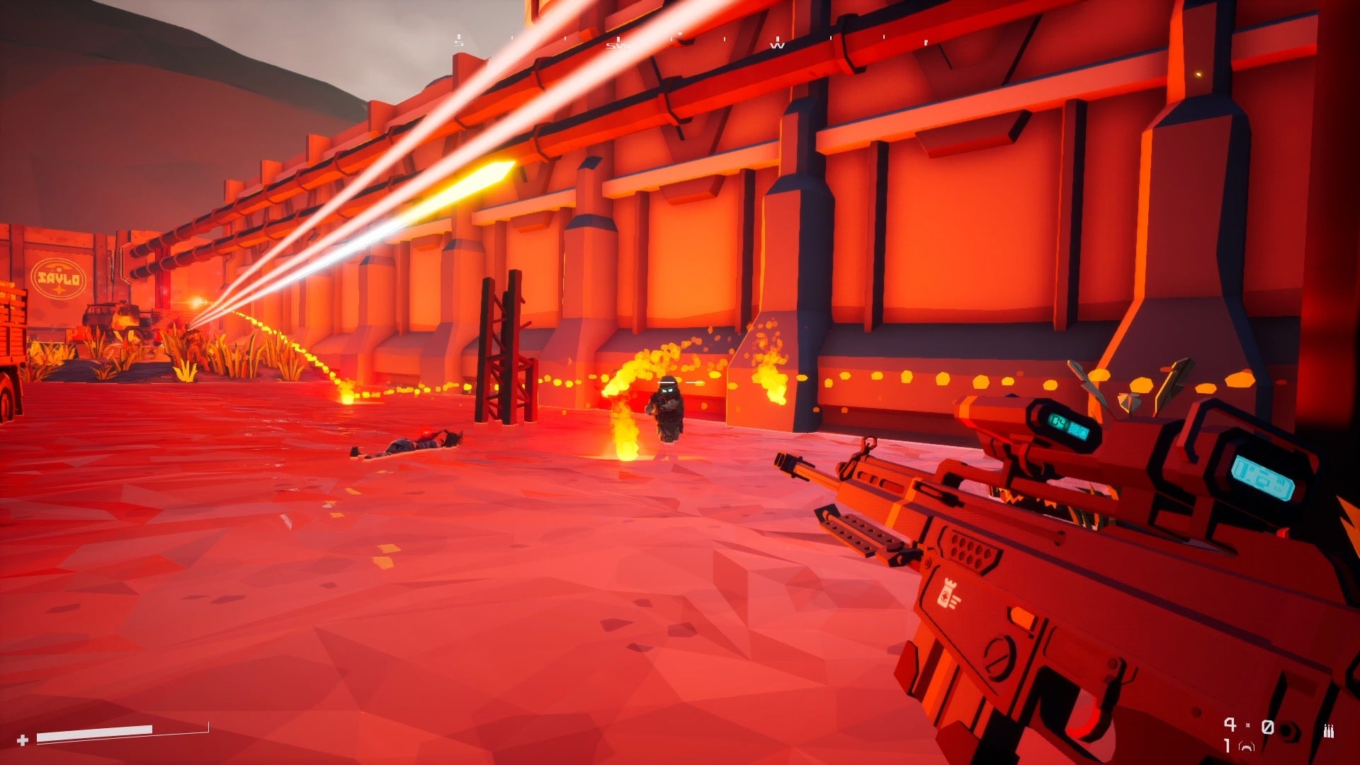 A small angry figure aims at the player in a fiery industrial scene in ADACA