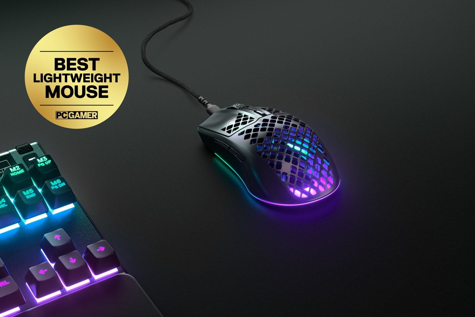 a photo of a beautiful RGB gaming peripheral, specifically an Aerox mouse