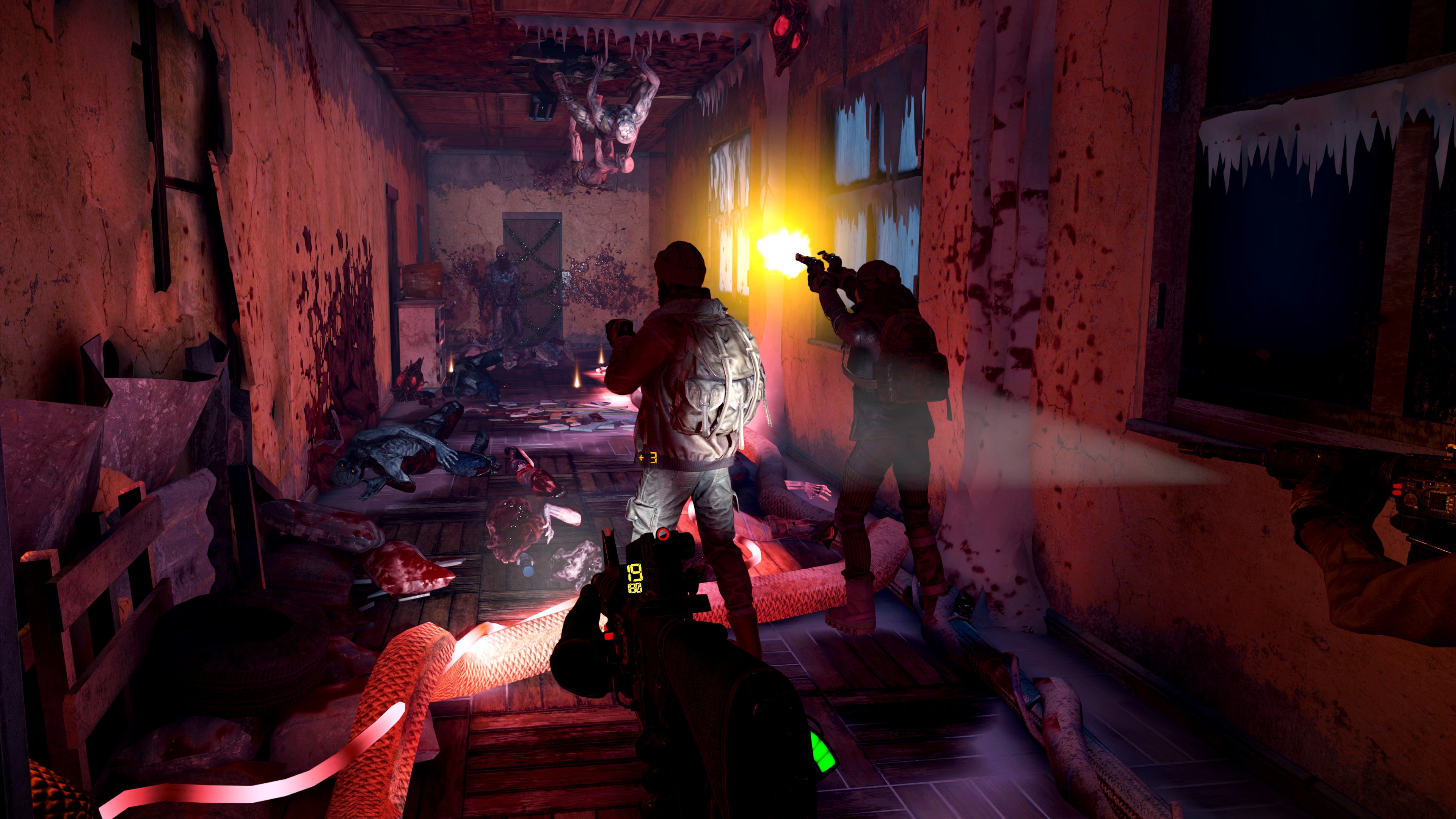 Uma captura de tela de soldados lutando contra monstros em um corredor no jogo VR After The Fall