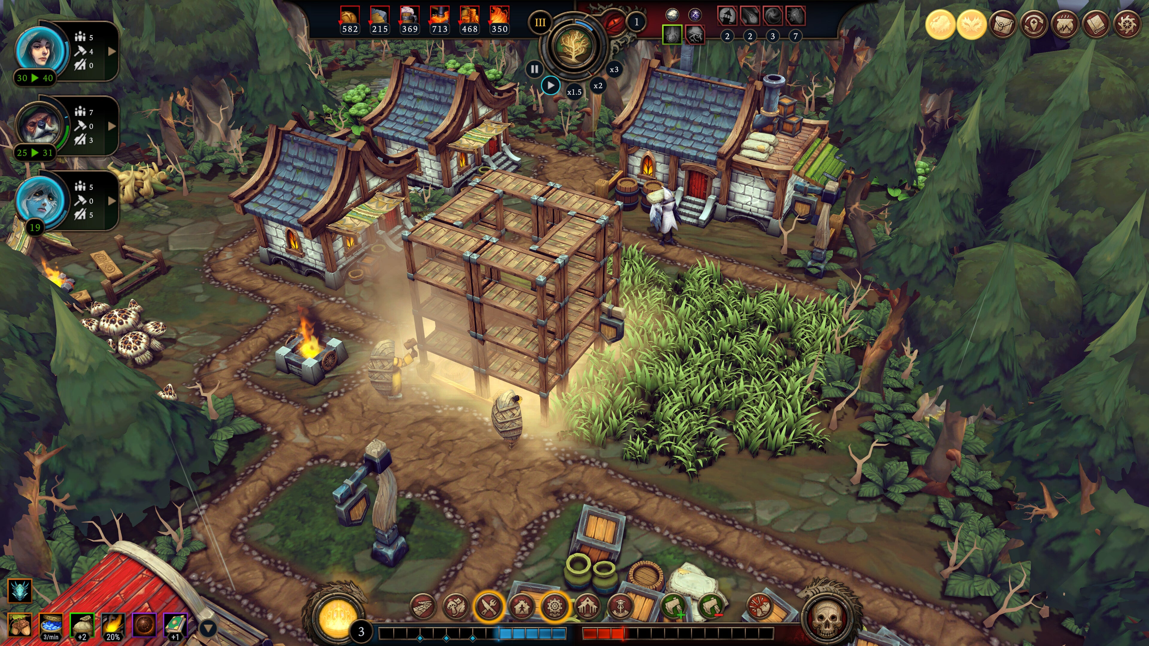 A building in construction in dark fantasy roguelite citybuilder Against The Storm.