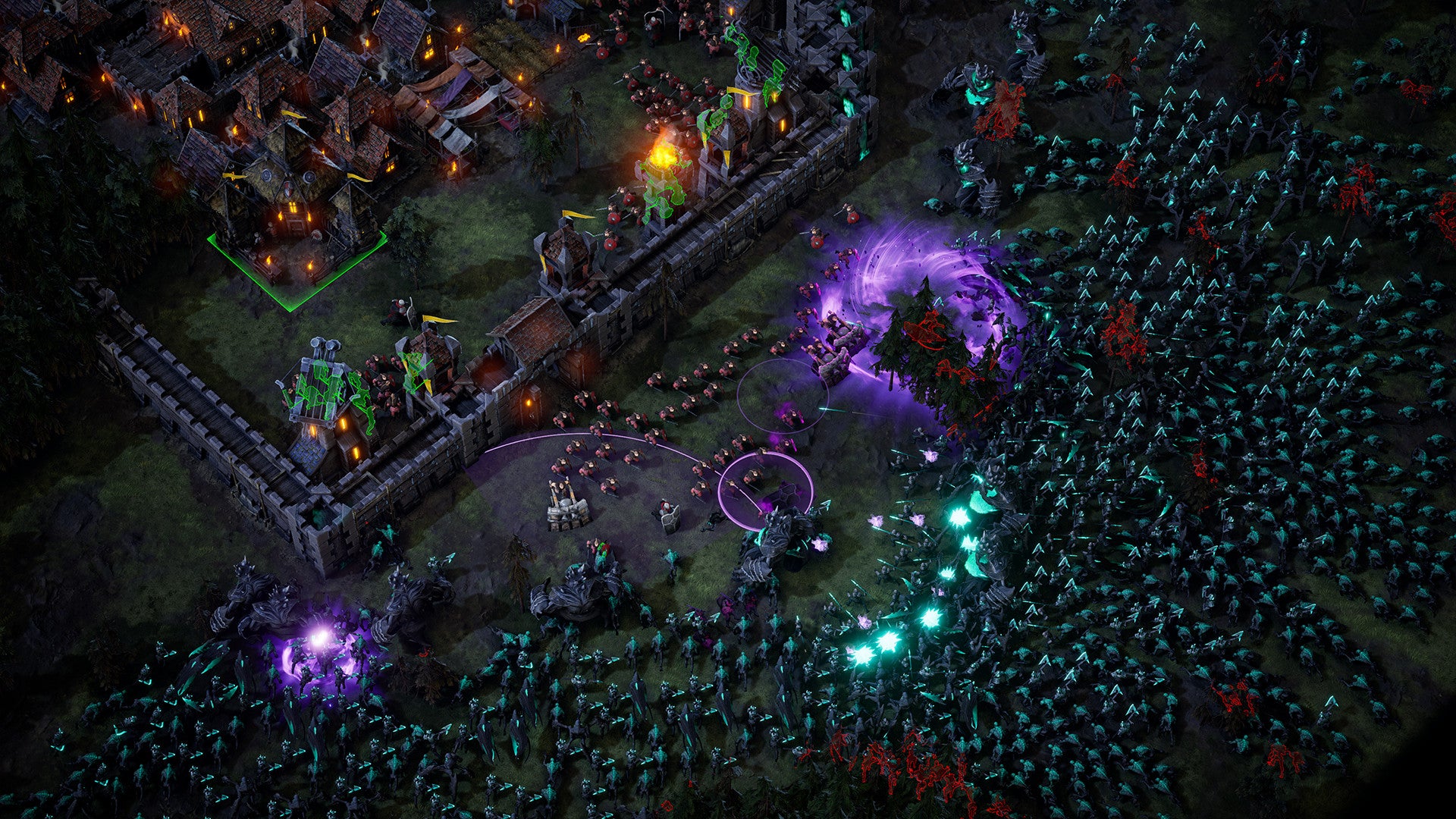 A screenshot of Age Of Darkness showing a swarm of green enemies surrounding a walled town with a small group of defenders.
