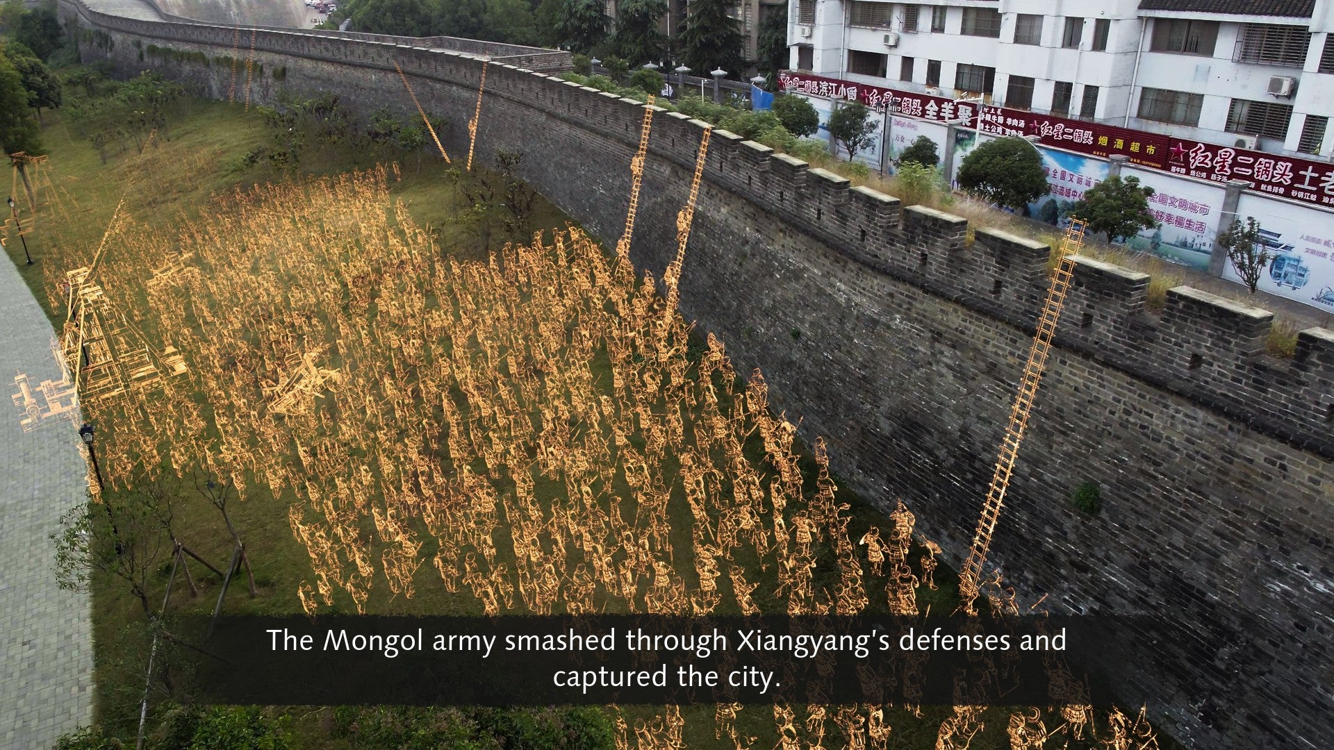 A superimposed image of Mongols invading a modern day wall in Age Of Empires 4